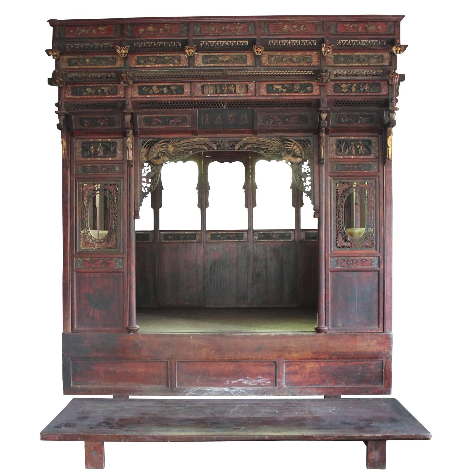 Traditional Chinese Wedding Bed with Platform and Hand-Carved Detailing