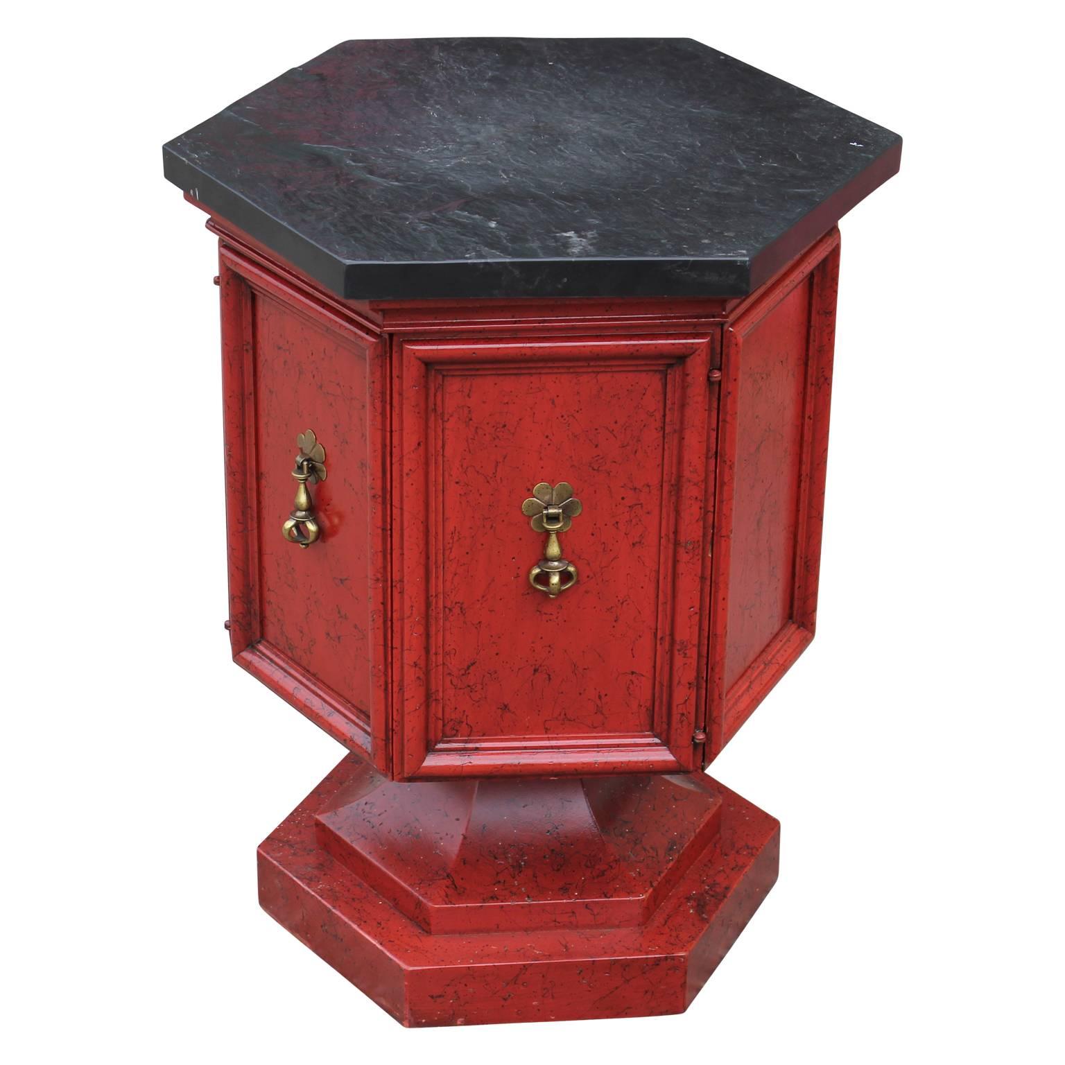 American Pair of Hollywood Regency Slate Top Red and Black Pedestal Side or End Tables