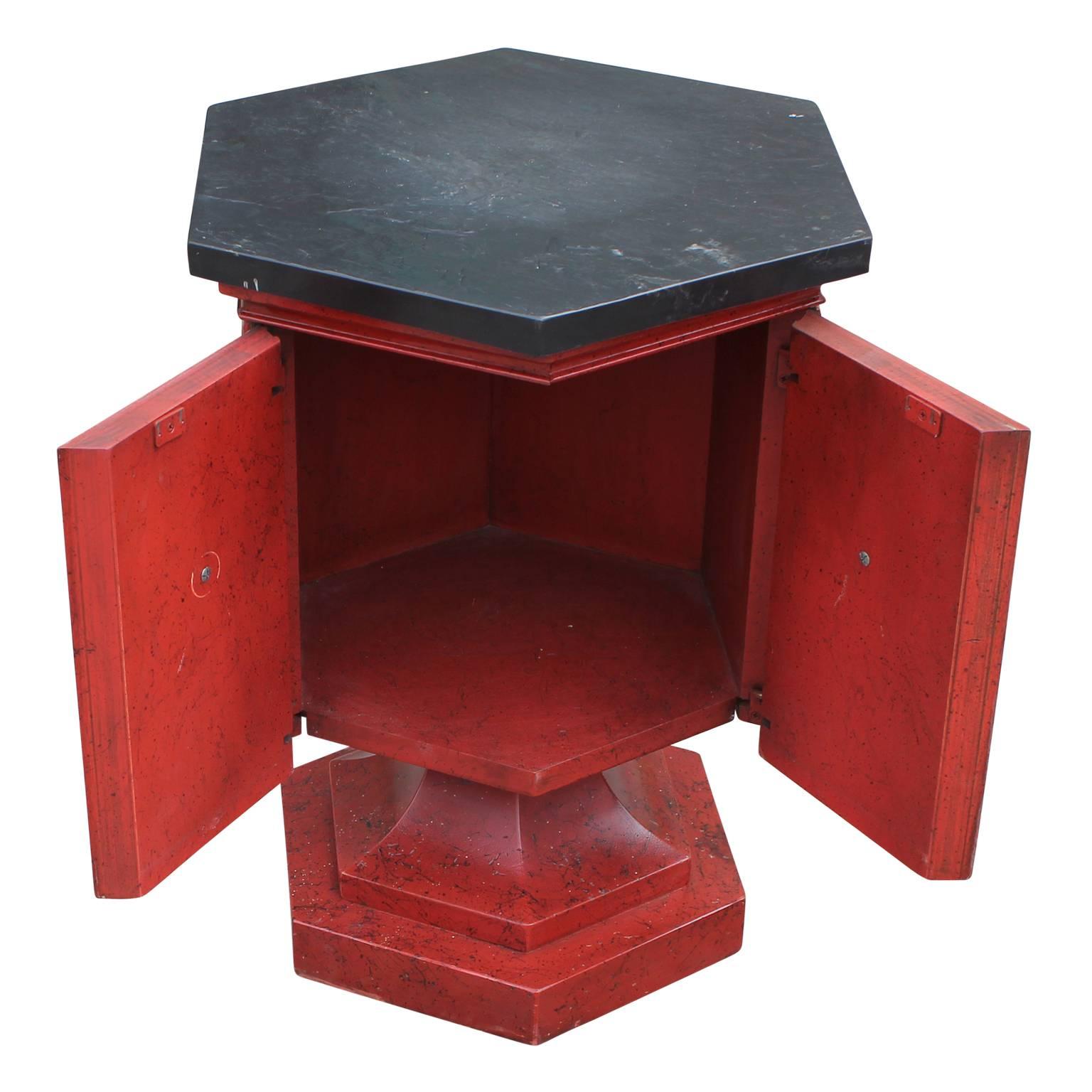 Mid-20th Century Pair of Hollywood Regency Slate Top Red and Black Pedestal Side or End Tables