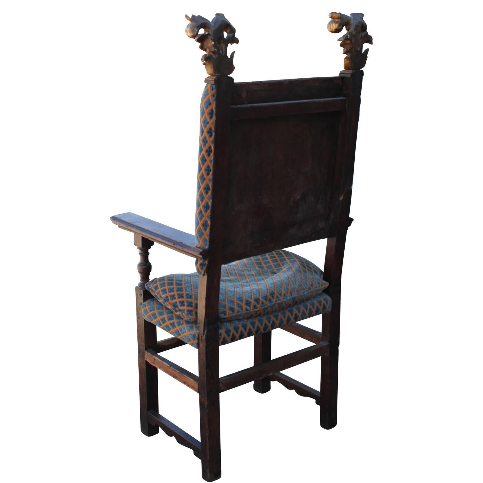 Spanish Colonial 17th 18th Century Spanish / Italian Gilt Throne Chair with Gold Painted Finials