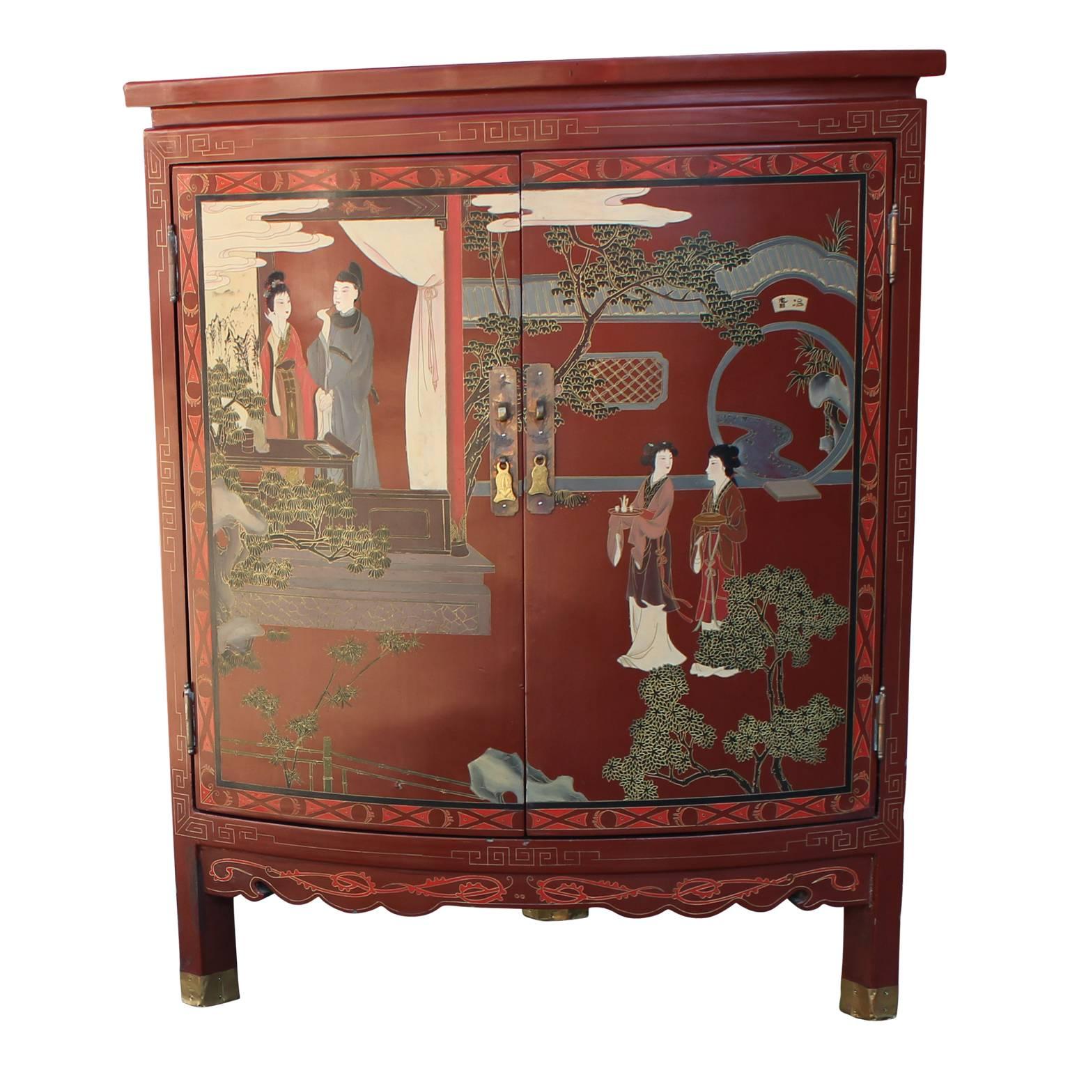 Gorgeous Chinese chinoiserie corner cabinet with painted detailing of daily life. Unique addition to any space! Excellent quality and construction. 