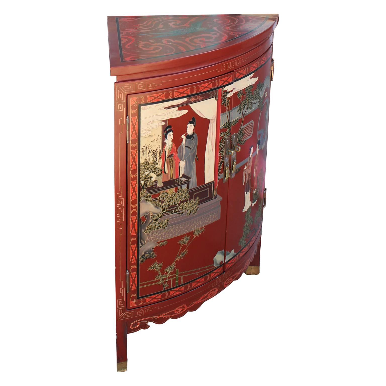 Red Lacquer Chinoiserie Corner Chinese Cabinet with Painted Detailing In Excellent Condition In Houston, TX