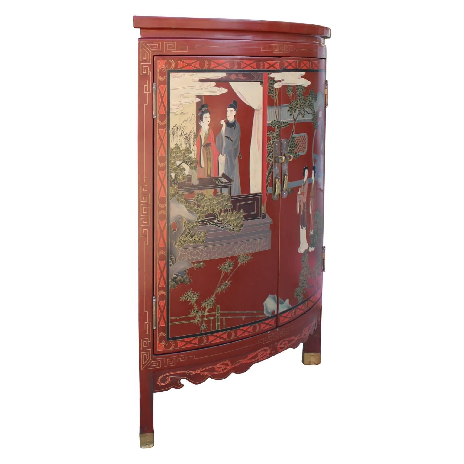 Mid-20th Century Red Lacquer Chinoiserie Corner Chinese Cabinet with Painted Detailing