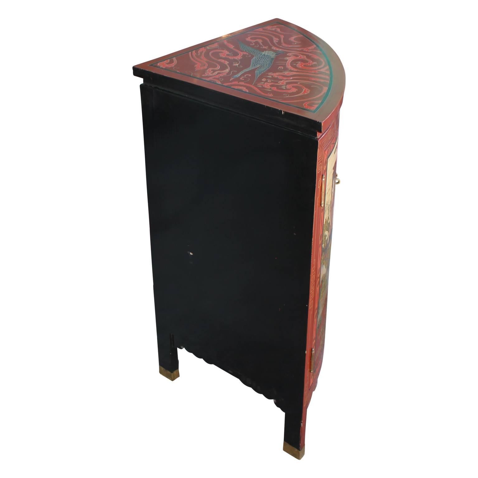 Red Lacquer Chinoiserie Corner Chinese Cabinet with Painted Detailing 1