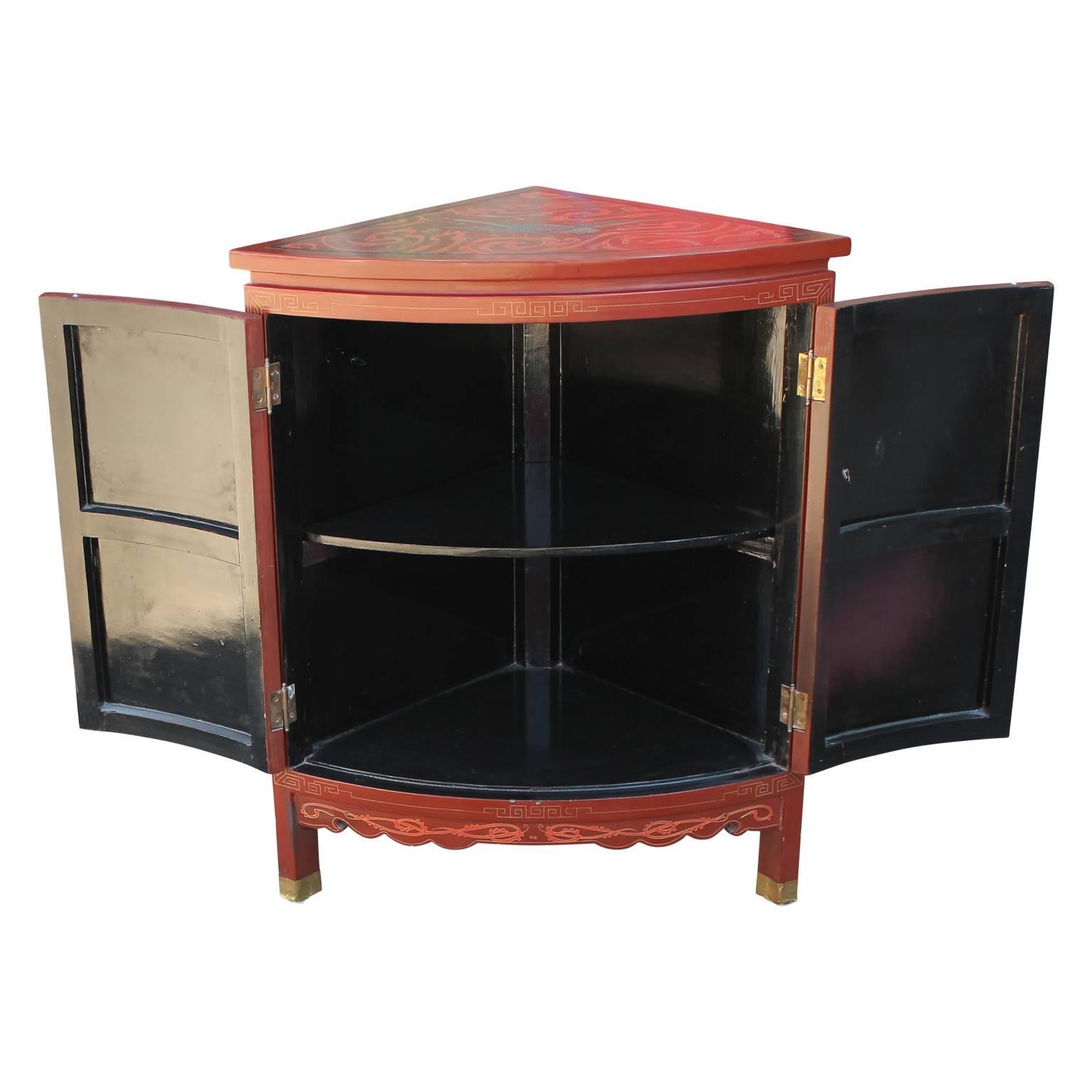 Red Lacquer Chinoiserie Corner Chinese Cabinet with Painted Detailing 2