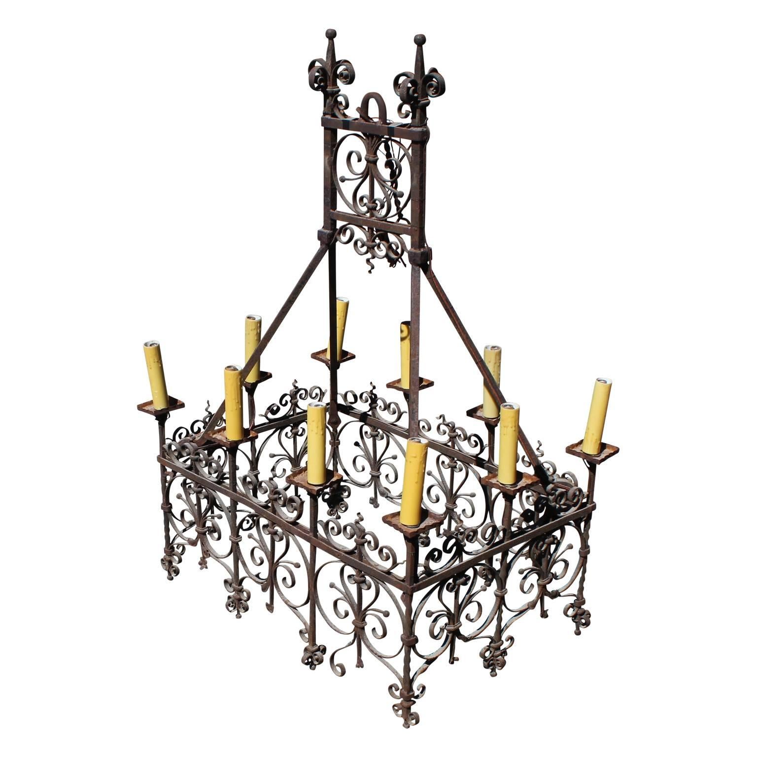Spanish Colonial Wonderful 18th Century Spanish or French Hand Wrought Iron Chandelier