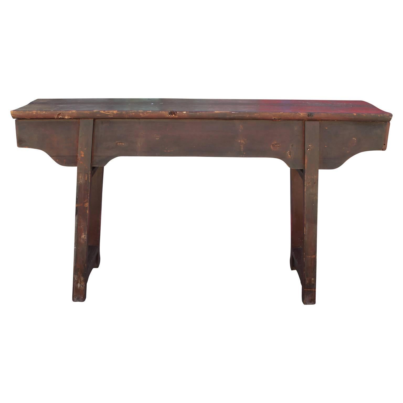 19th Century Red Chinese Altar Table Rustic or Entryway Pagoda Table In Good Condition In Houston, TX