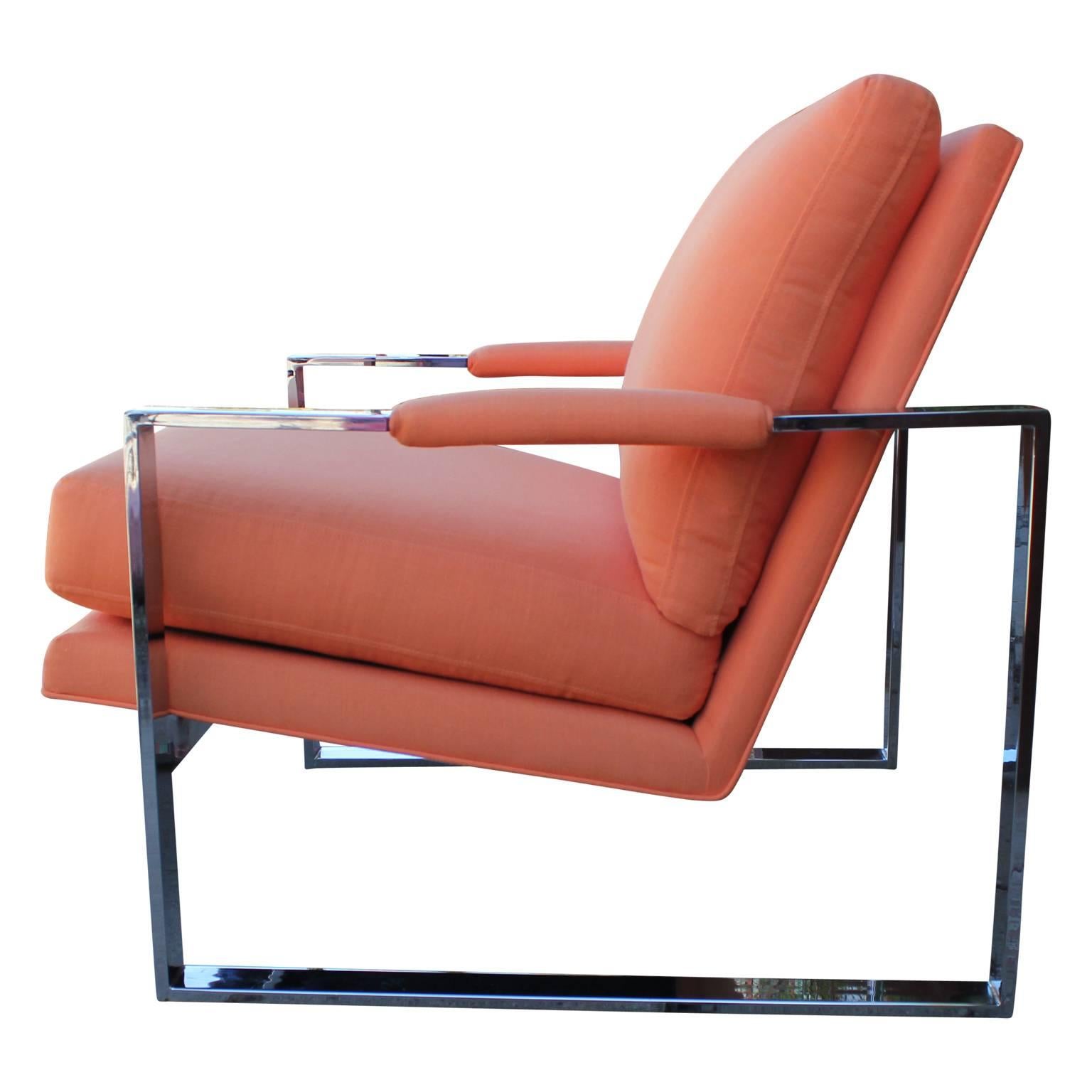 Mid-Century Modern Modern Milo Baughman Chrome and Orange Linen Lounge Chair