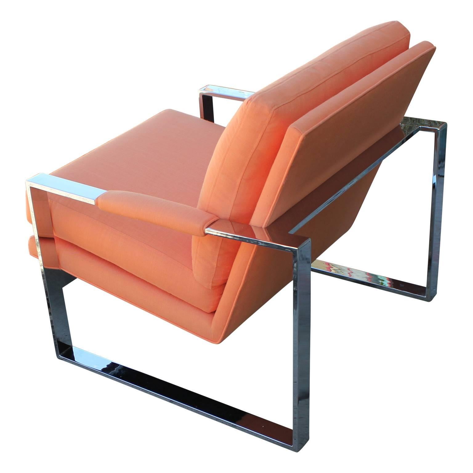 American Modern Milo Baughman Chrome and Orange Linen Lounge Chair