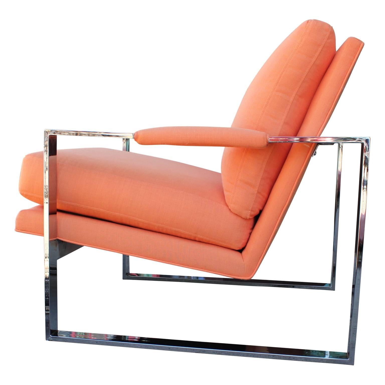 Gorgeous Milo Baughman chrome lounge chair that has been upholstered in a unique orange linen.