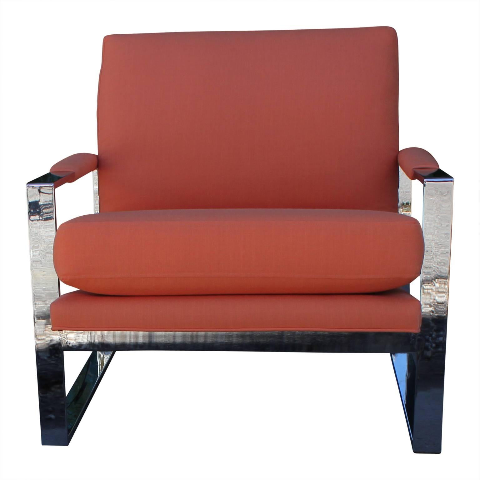 Modern Milo Baughman Chrome and Orange Linen Lounge Chair In Excellent Condition In Houston, TX