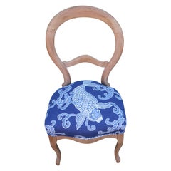 Pair of Victorian Bleached Side Chairs with Balloon Back in Blue Koi Fish Fabric