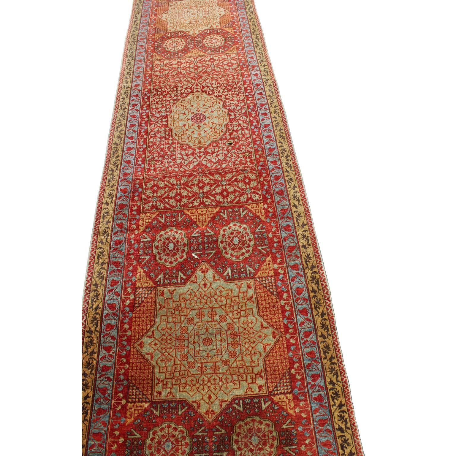 Antique Red and Gold Caucasian / Kazak Geometric Runner Rug In Good Condition In Houston, TX