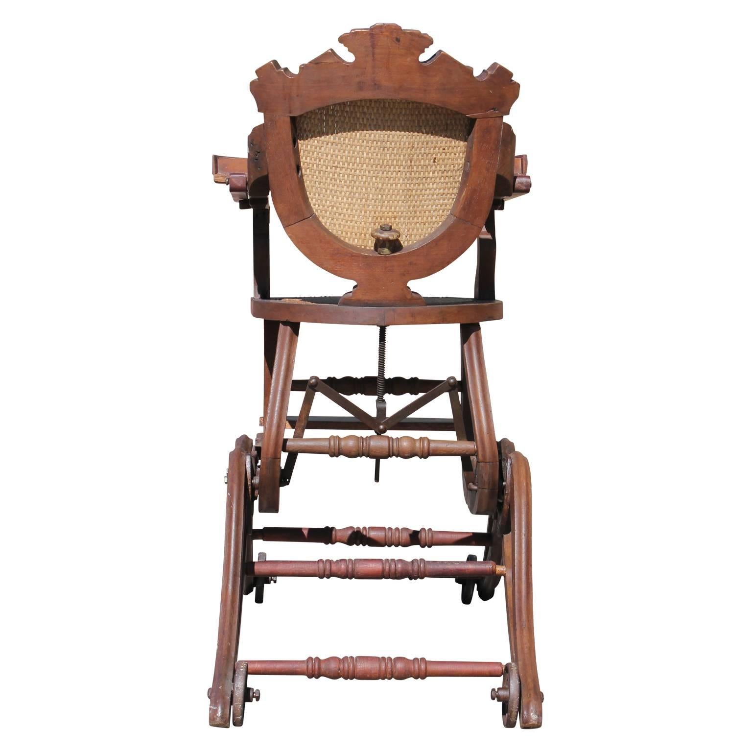 North American 1880s American Victorian Walnut and Cane Metamorphic Highchair on Wheels