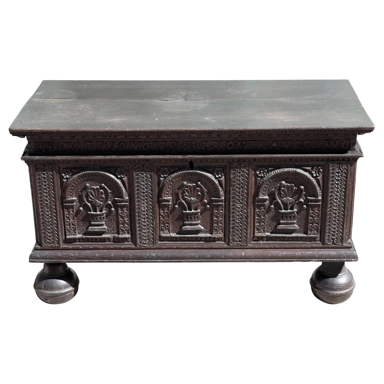 Jacobean Early 17th Century Colonial Oak Chest with Bun Feet and Latin Carvings