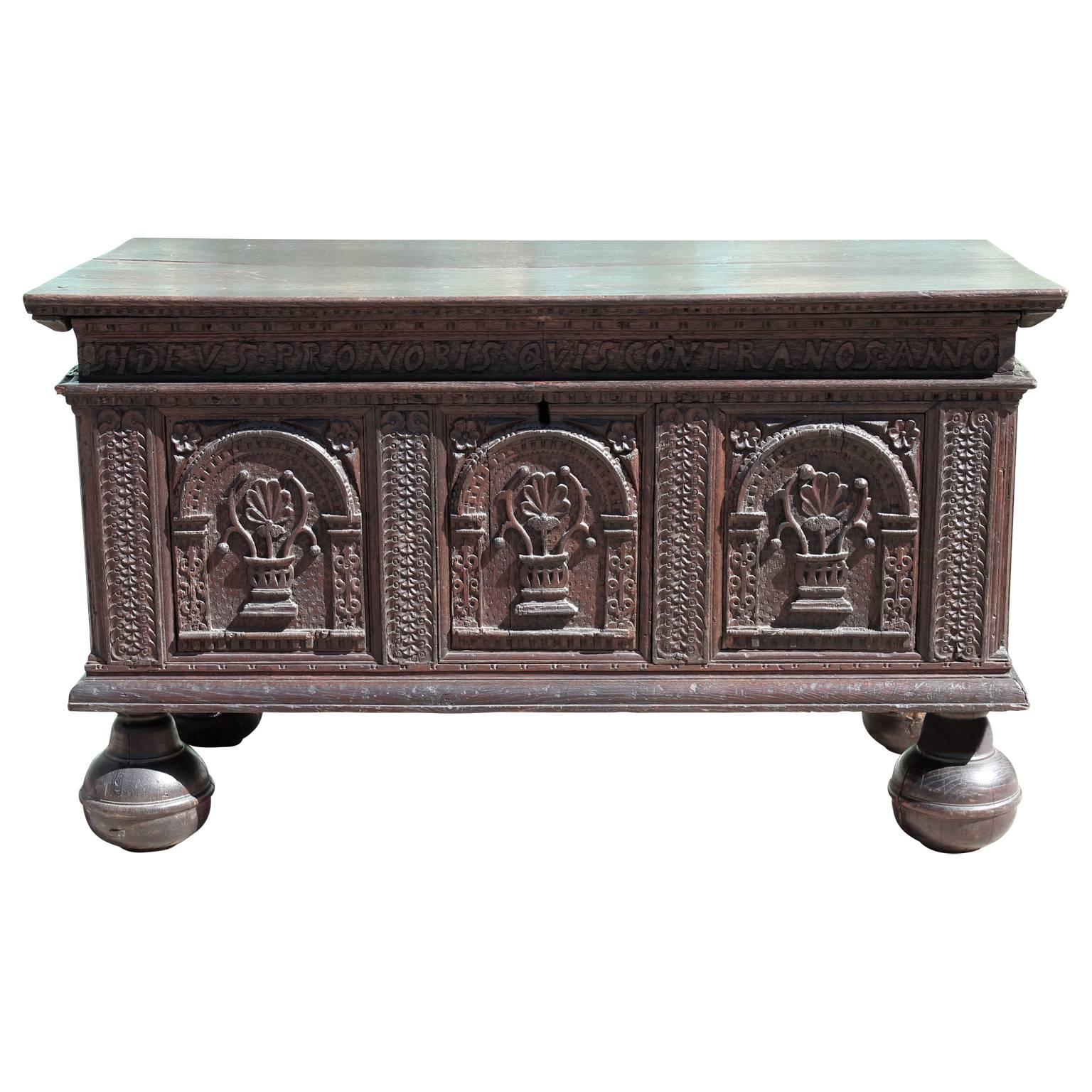 Early 17th Century Colonial Oak Chest with Bun Feet and Latin Carvings