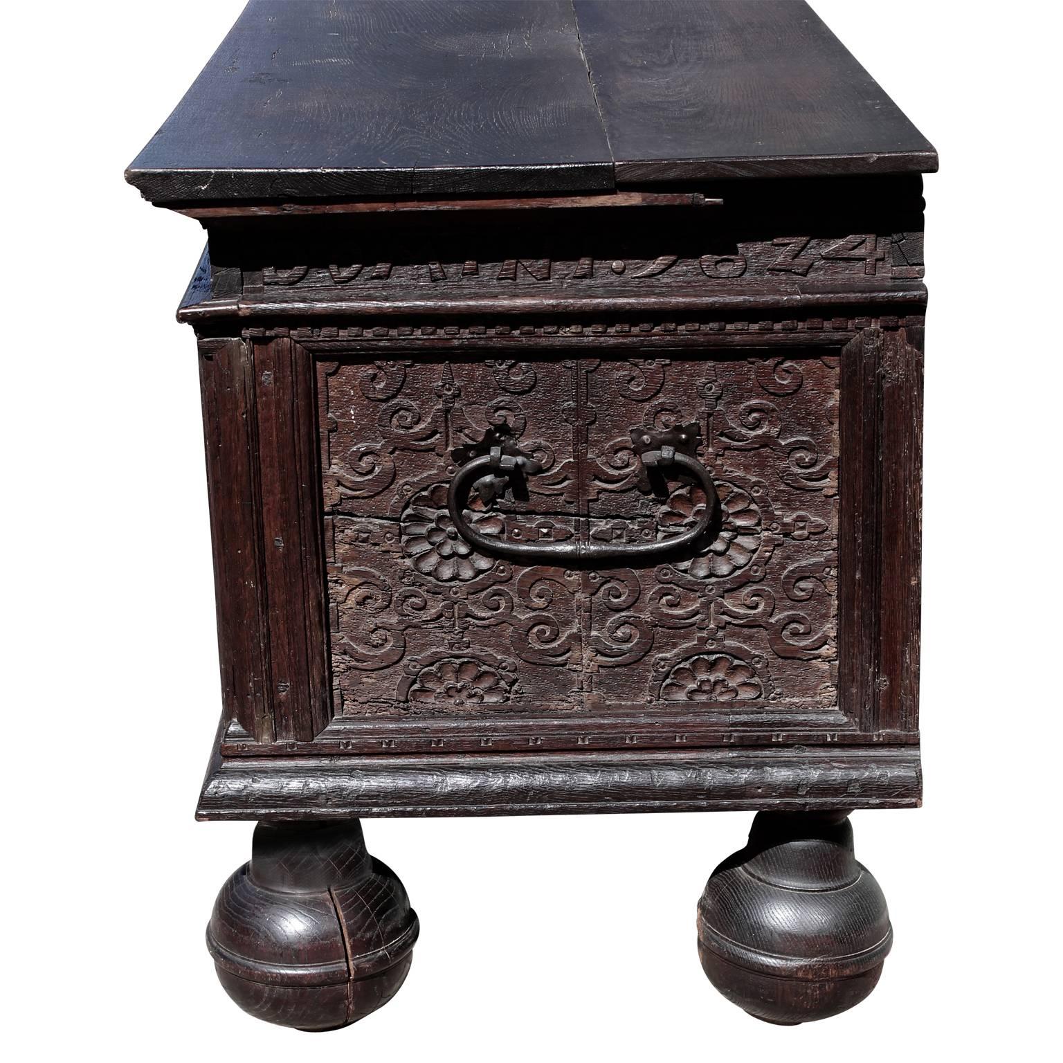 European Early 17th Century Colonial Oak Chest with Bun Feet and Latin Carvings