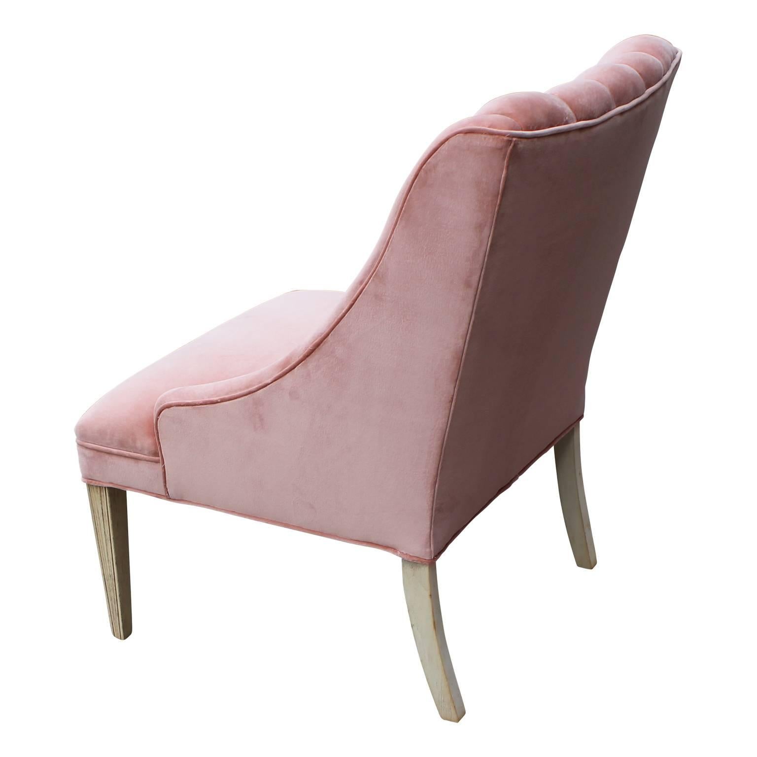 Hollywood Regency Modern Pink Velvet and Bleached Wood Dunbar Style Channeled Lounge Chair