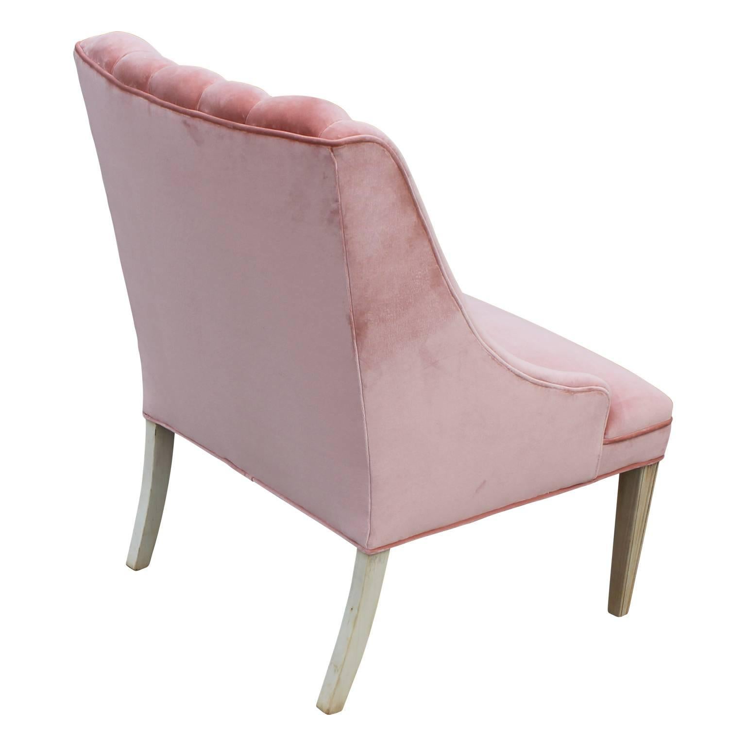 Mid-20th Century Modern Pink Velvet and Bleached Wood Dunbar Style Channeled Lounge Chair
