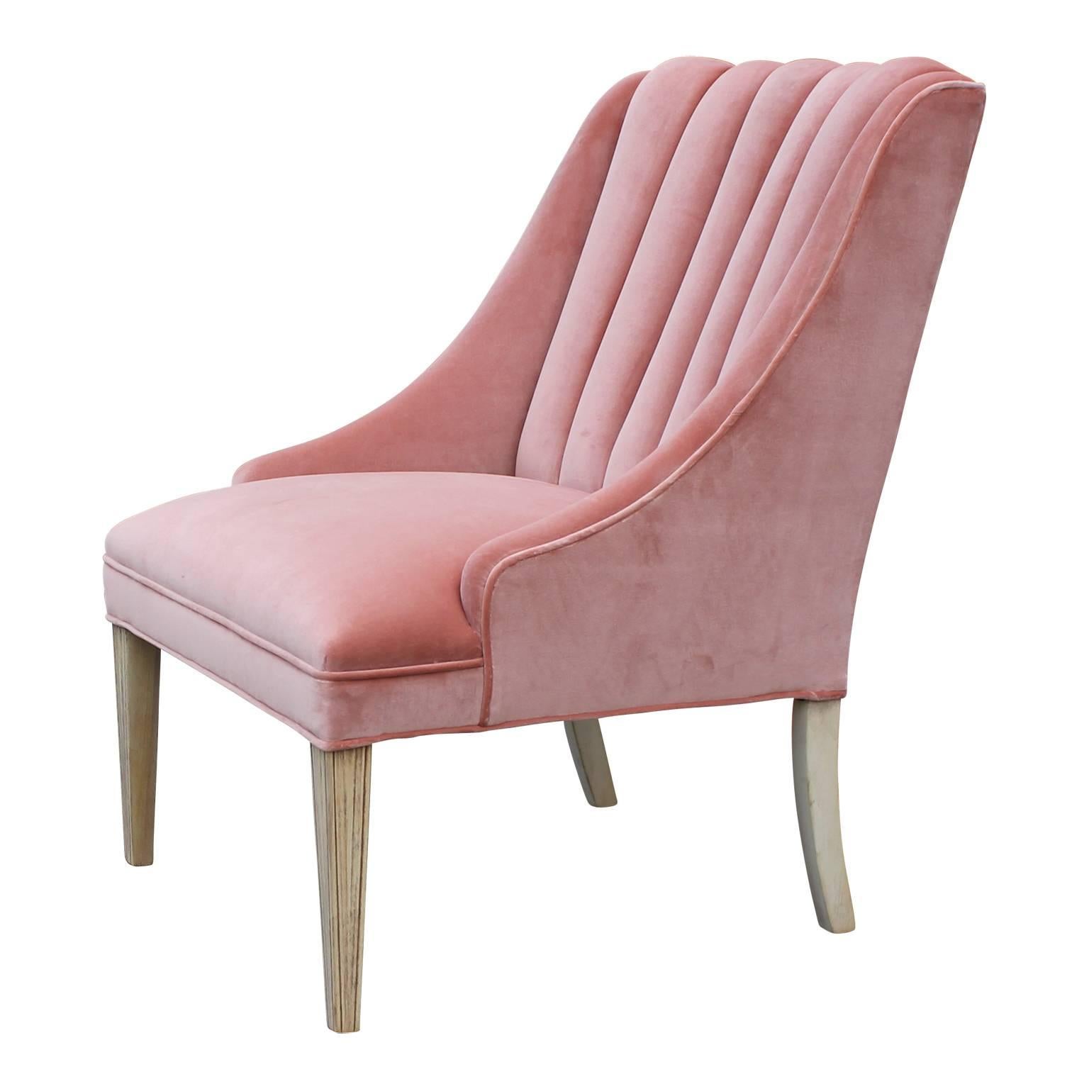 Pink velvet and bleached wood Dunbar style lounge chair. Fully Restored.