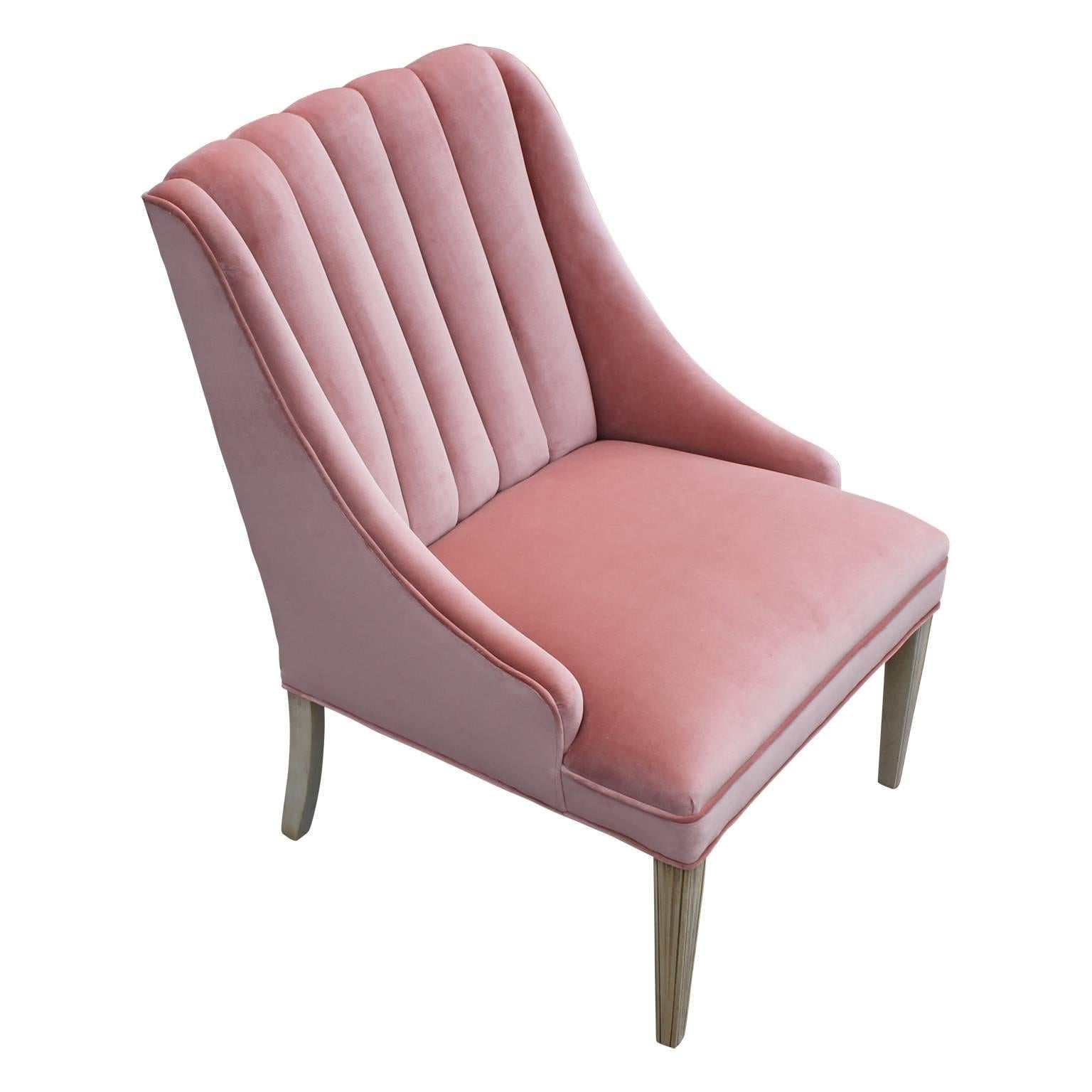 Modern Pink Velvet and Bleached Wood Dunbar Style Channeled Lounge Chair In Excellent Condition In Houston, TX