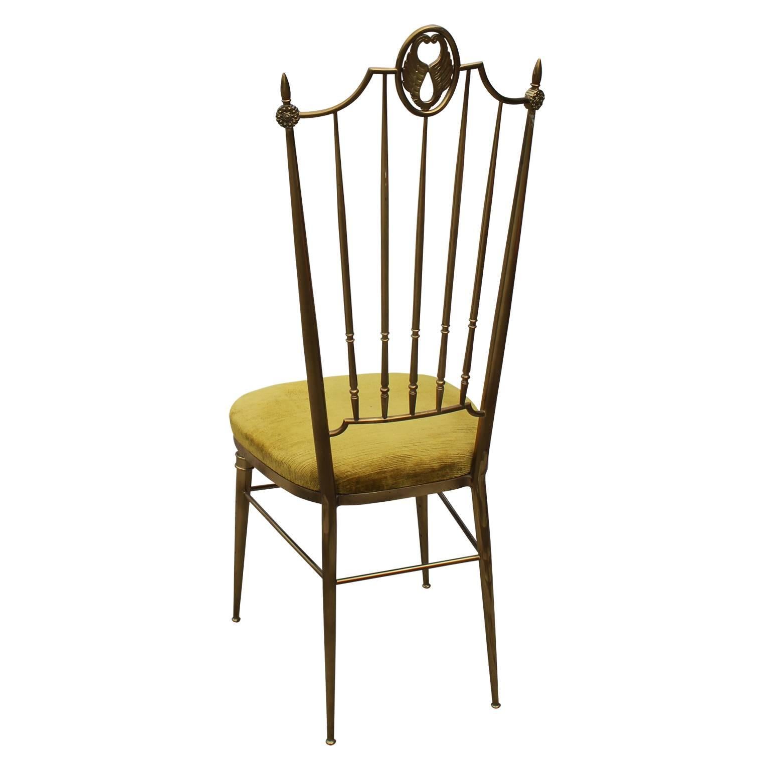 Mid-20th Century Pair of Italian Ponti Style Hollywood Regency Brass and Yellow Velvet Chairs