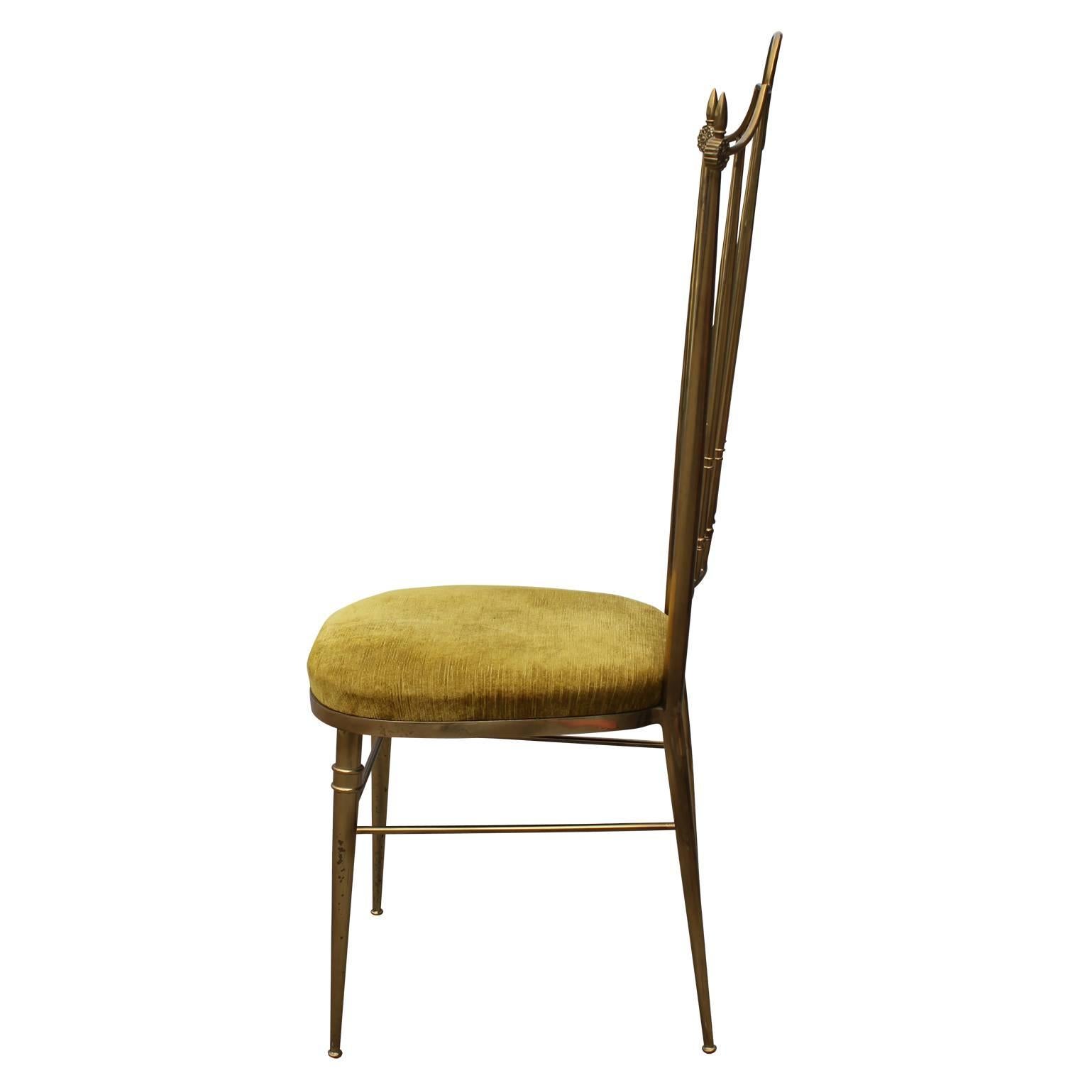 Pair of Italian Ponti Style Hollywood Regency Brass and Yellow Velvet Chairs In Excellent Condition In Houston, TX