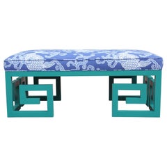 Custom Teal Blue Greek Key Bench with Blue Koi Fish Fabric