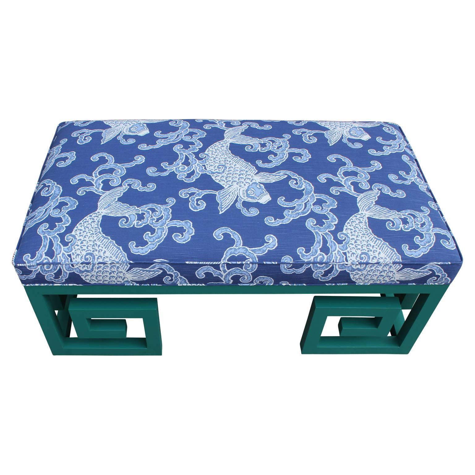 Modern Custom Teal Blue Greek Key Bench with Blue Koi Fish Fabric