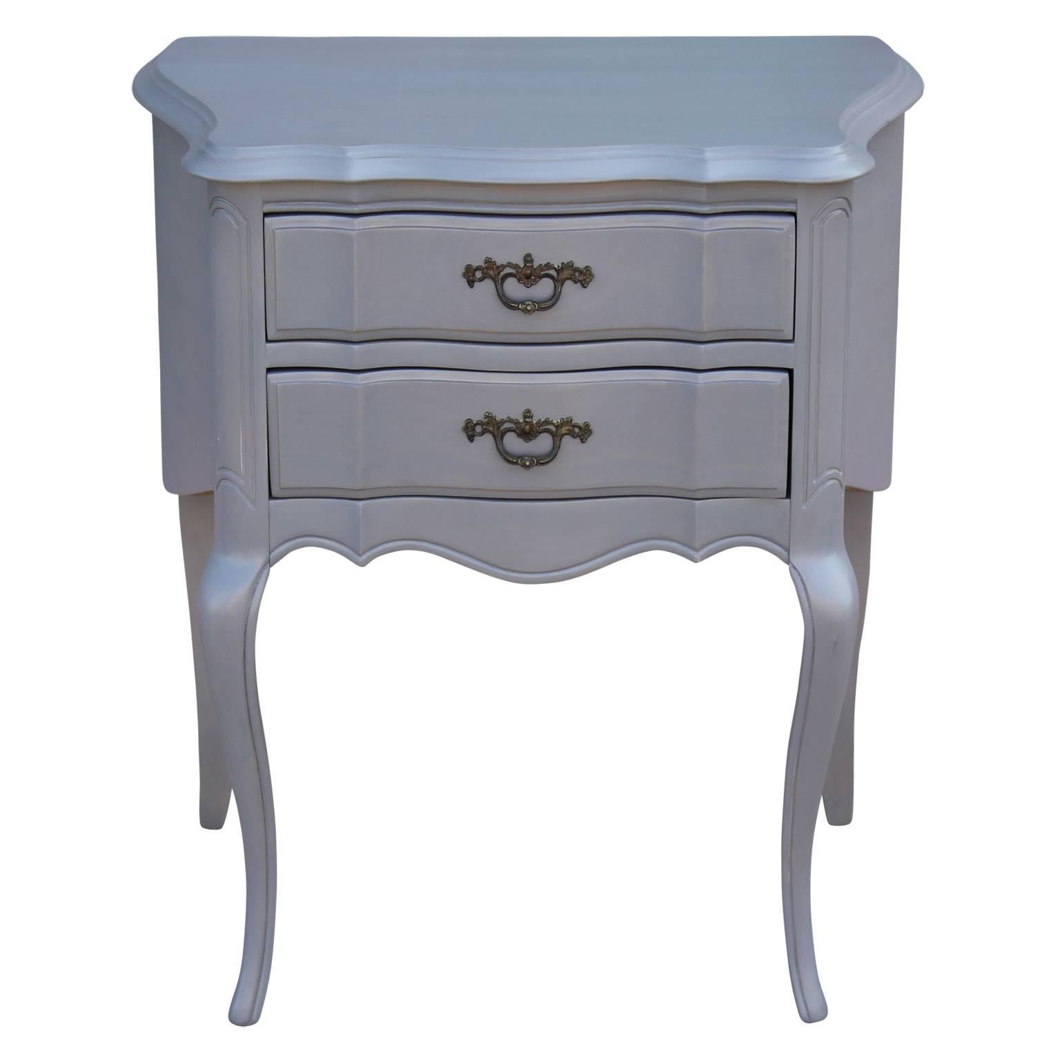 Pair of Hollywood Regency Grey Stained French Style Two Drawer Nightstands In Excellent Condition In Houston, TX