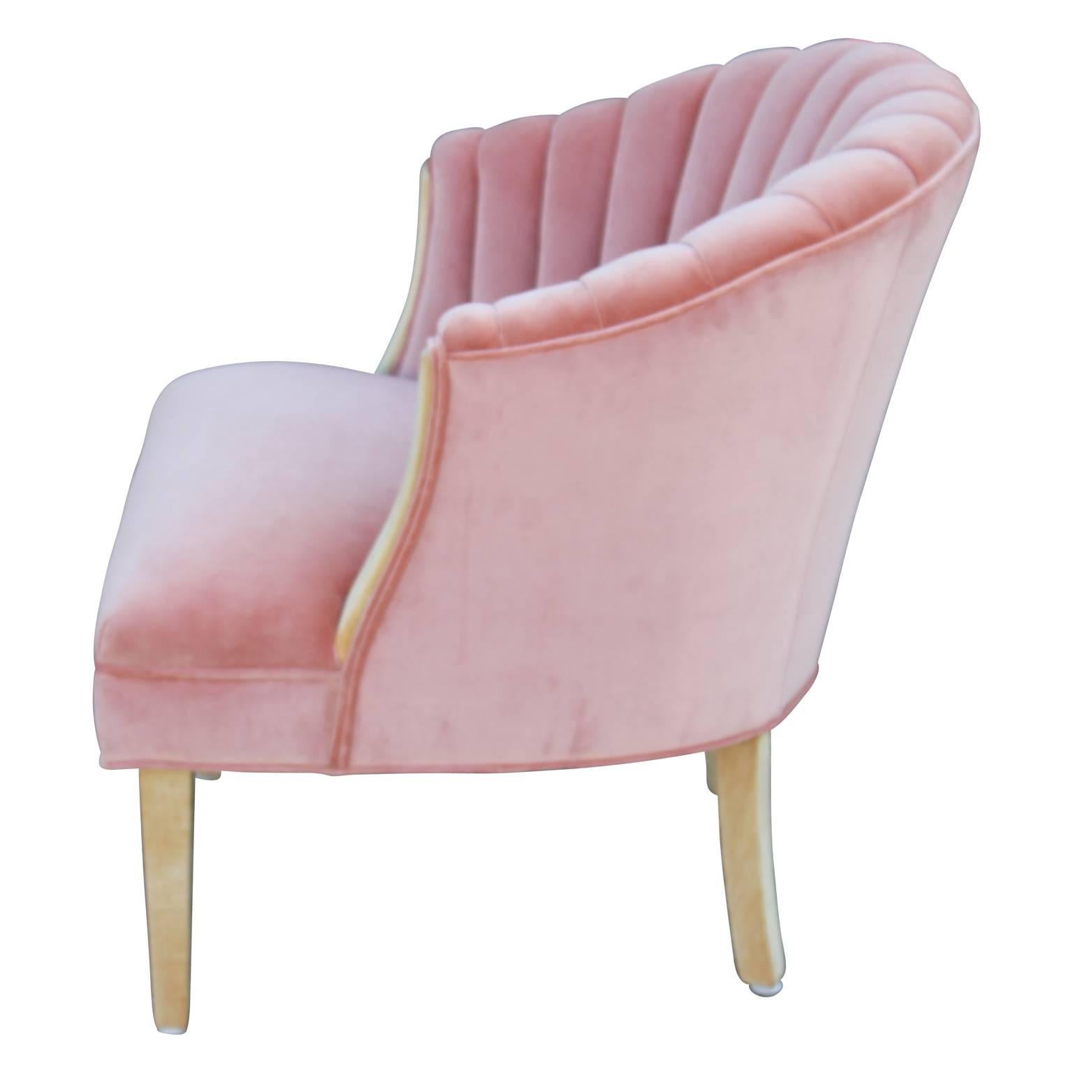 Mid-20th Century Modern Hollywood Regency Channel Back Bleached Lounge Chair in Pink Velvet