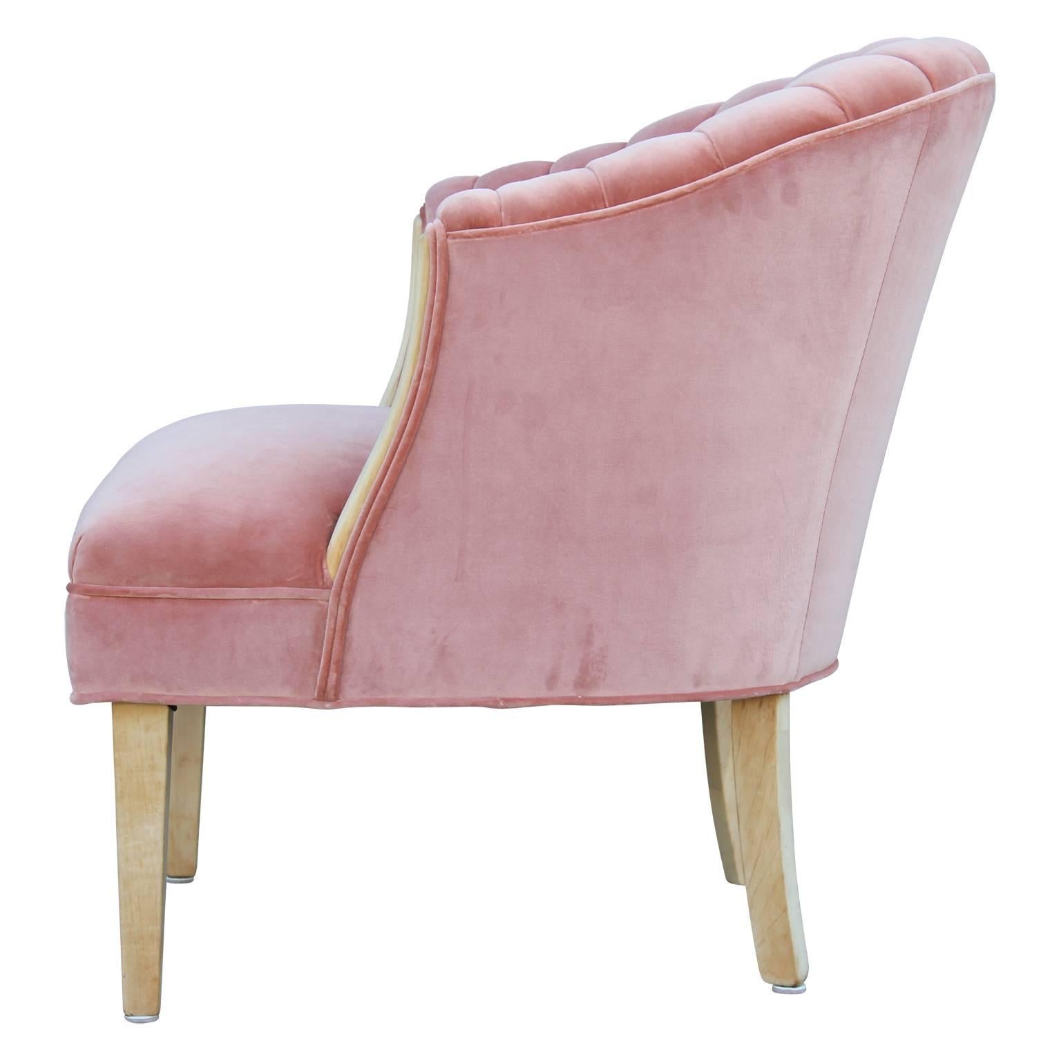 Modern Hollywood Regency Channel Back Bleached Lounge Chair in Pink Velvet 1