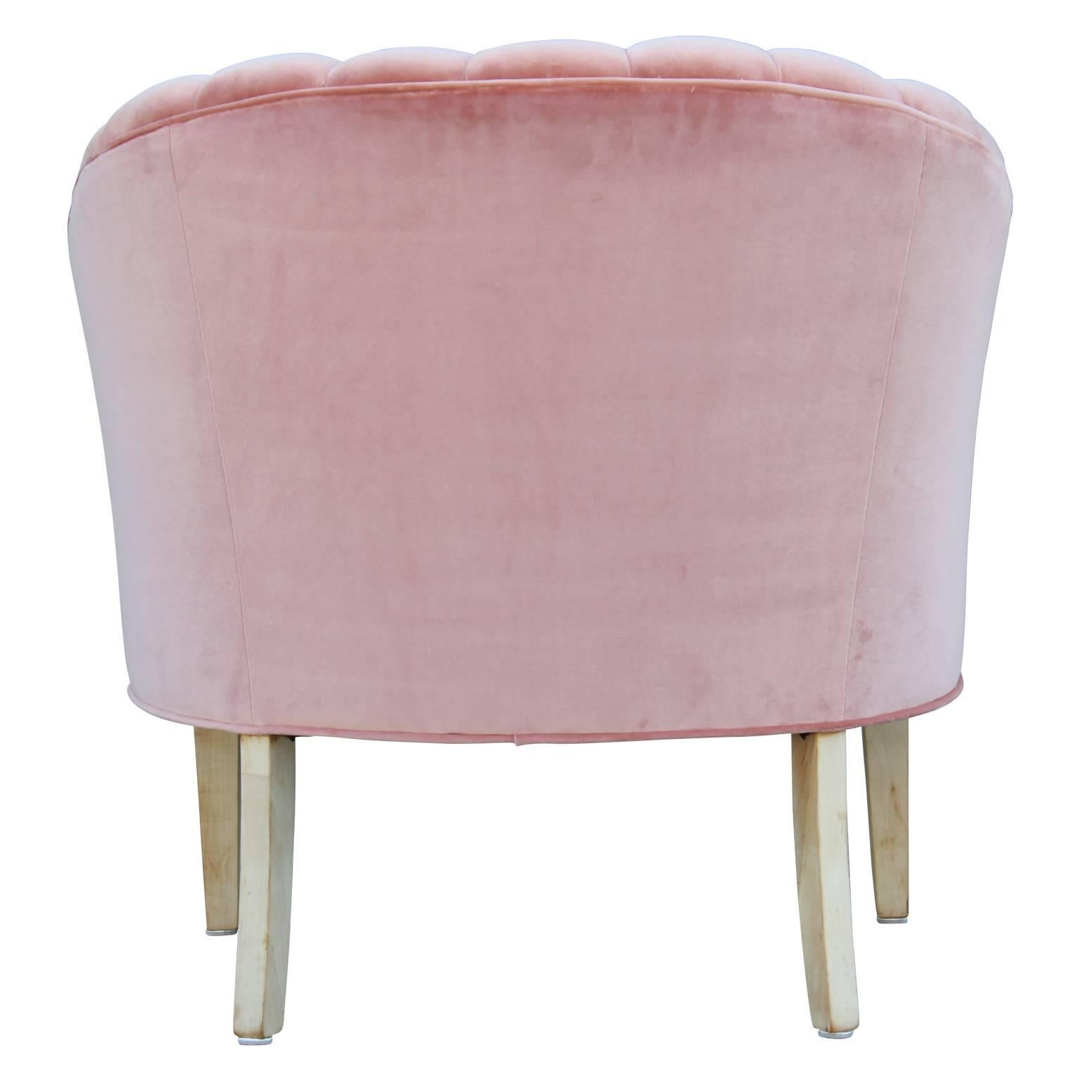 Modern Hollywood Regency Channel Back Bleached Lounge Chair in Pink Velvet 2