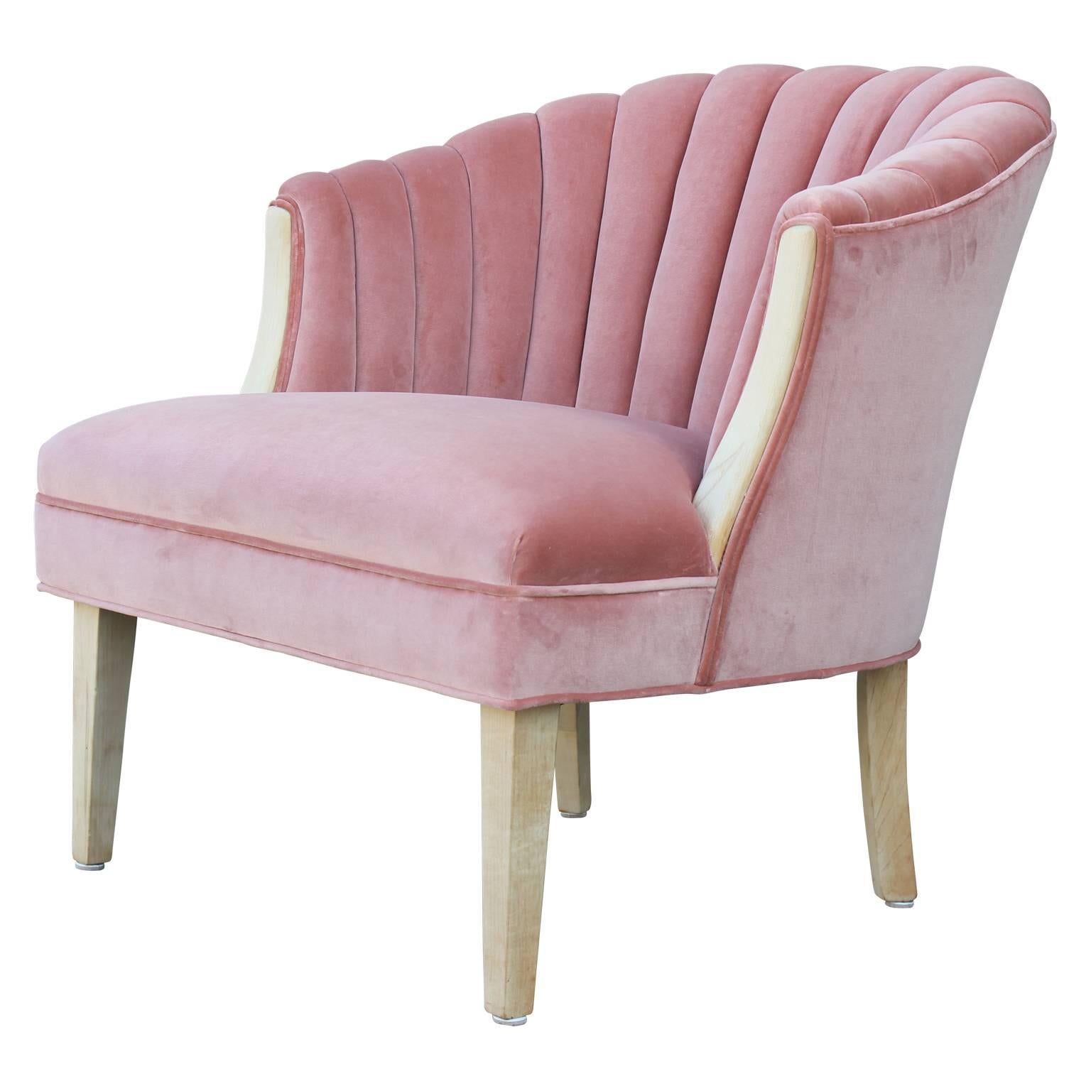 Gorgeous channel back lounge chair recently bleached and freshly upholstered in a soft pink velvet. Perfect addition to any room.
