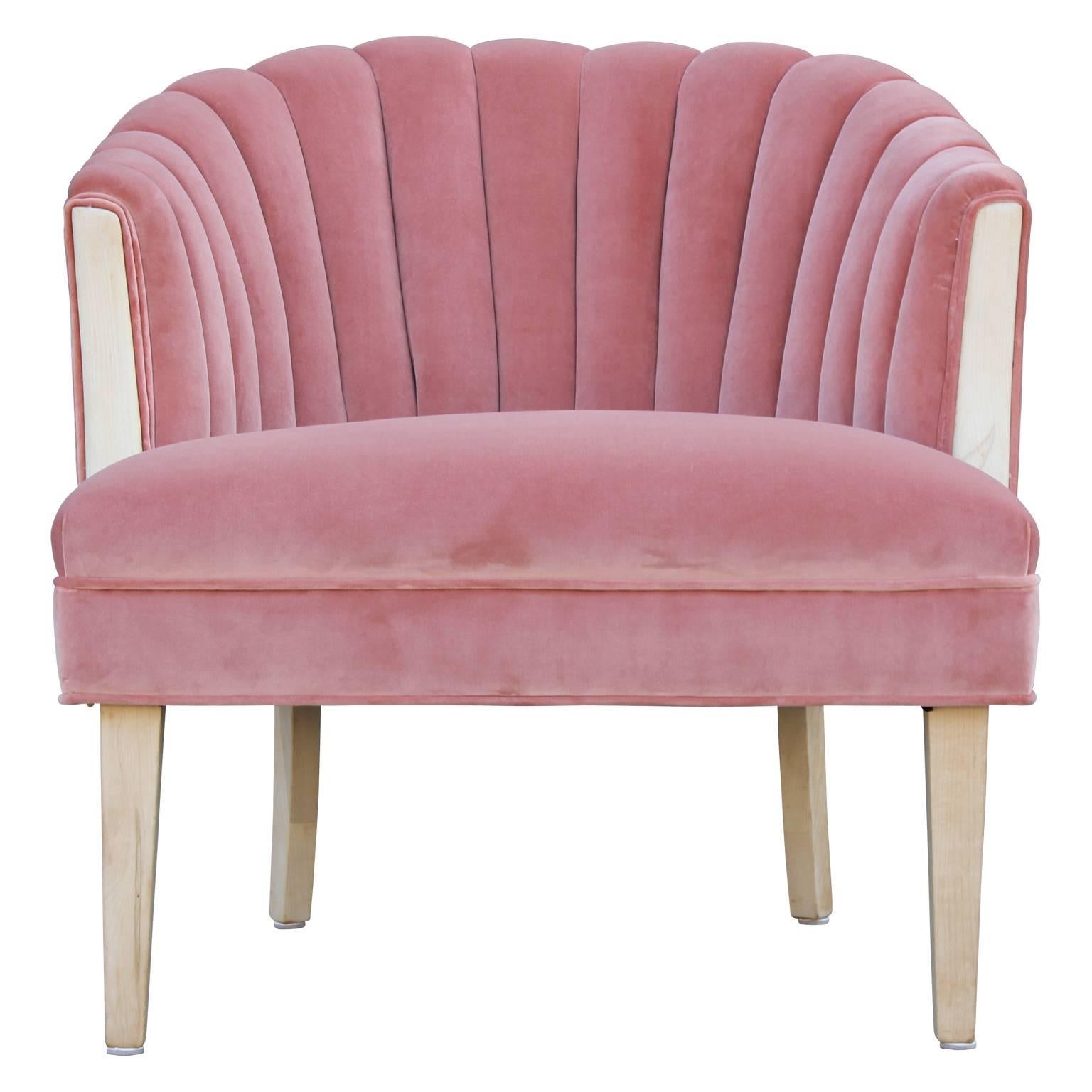 Modern Hollywood Regency Channel Back Bleached Lounge Chair in Pink Velvet In Excellent Condition In Houston, TX
