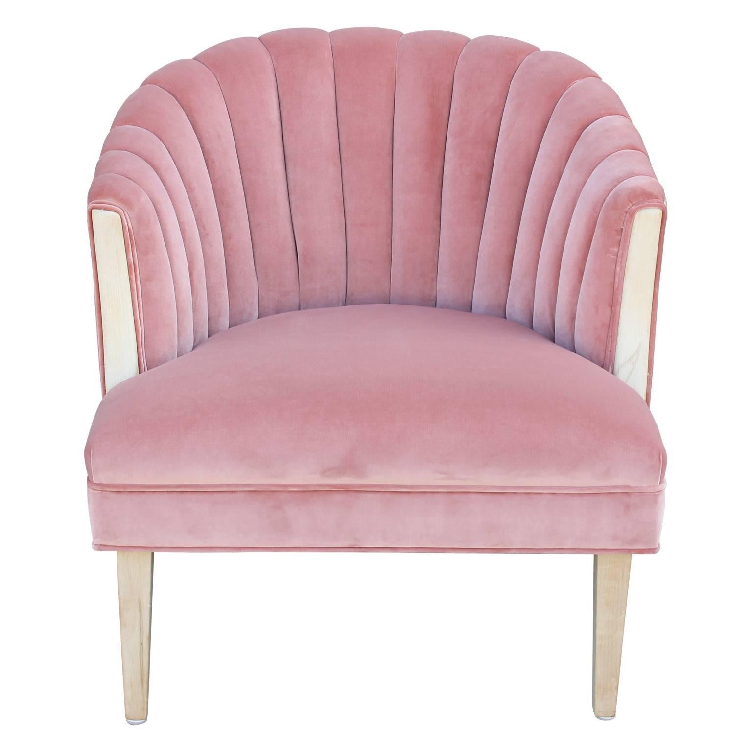 Modern Hollywood Regency Channel Back Bleached Lounge Chair in Pink Velvet