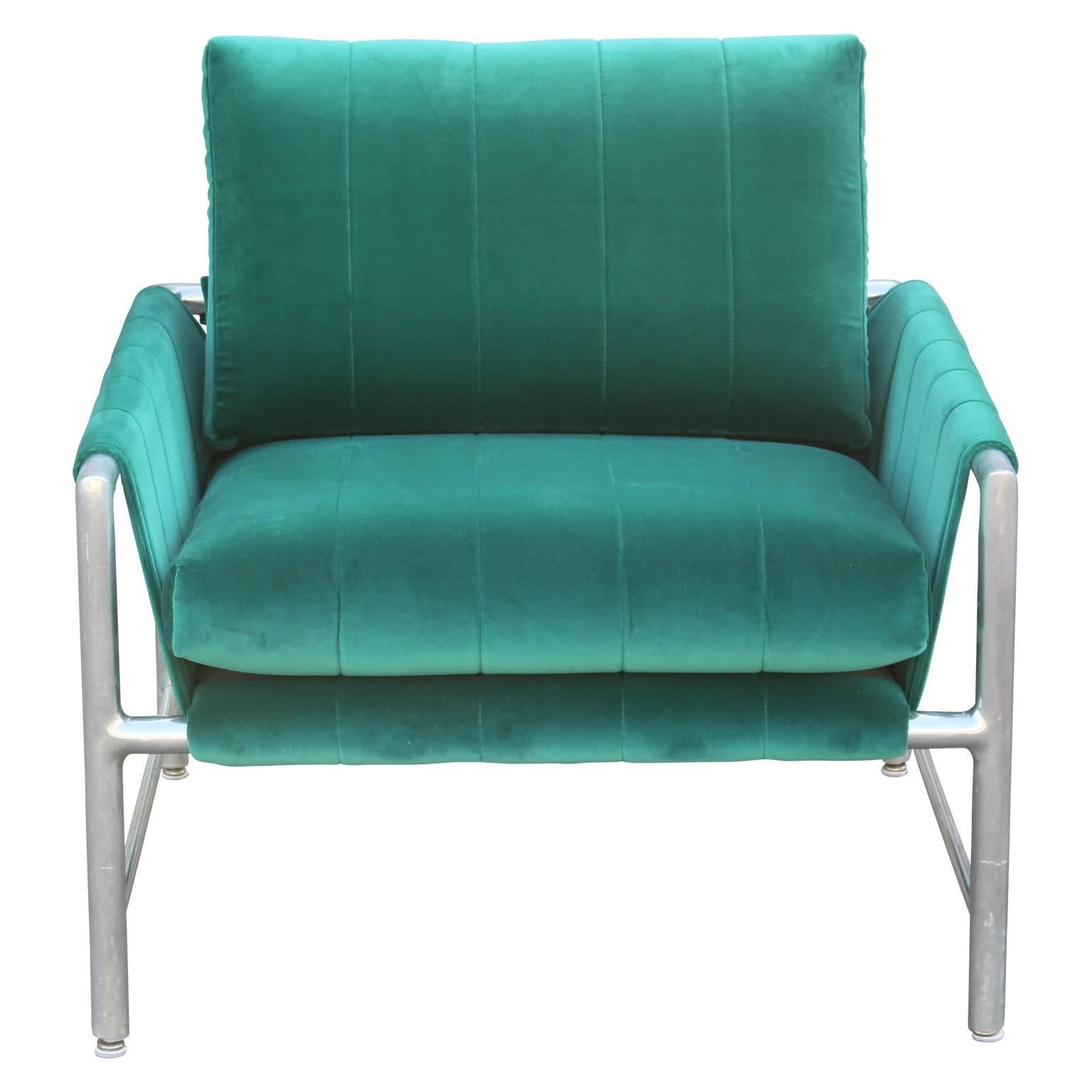 Modern Milo Baughman Style Aluminum Turquoise Teal Velvet Lounge Chair In Excellent Condition In Houston, TX
