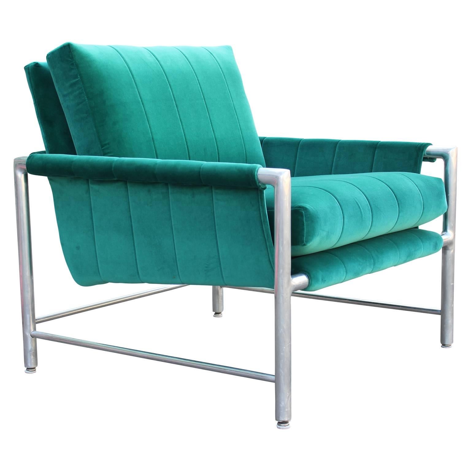 Modern Milo Baughman Style Aluminum Turquoise Teal Velvet Lounge Chair