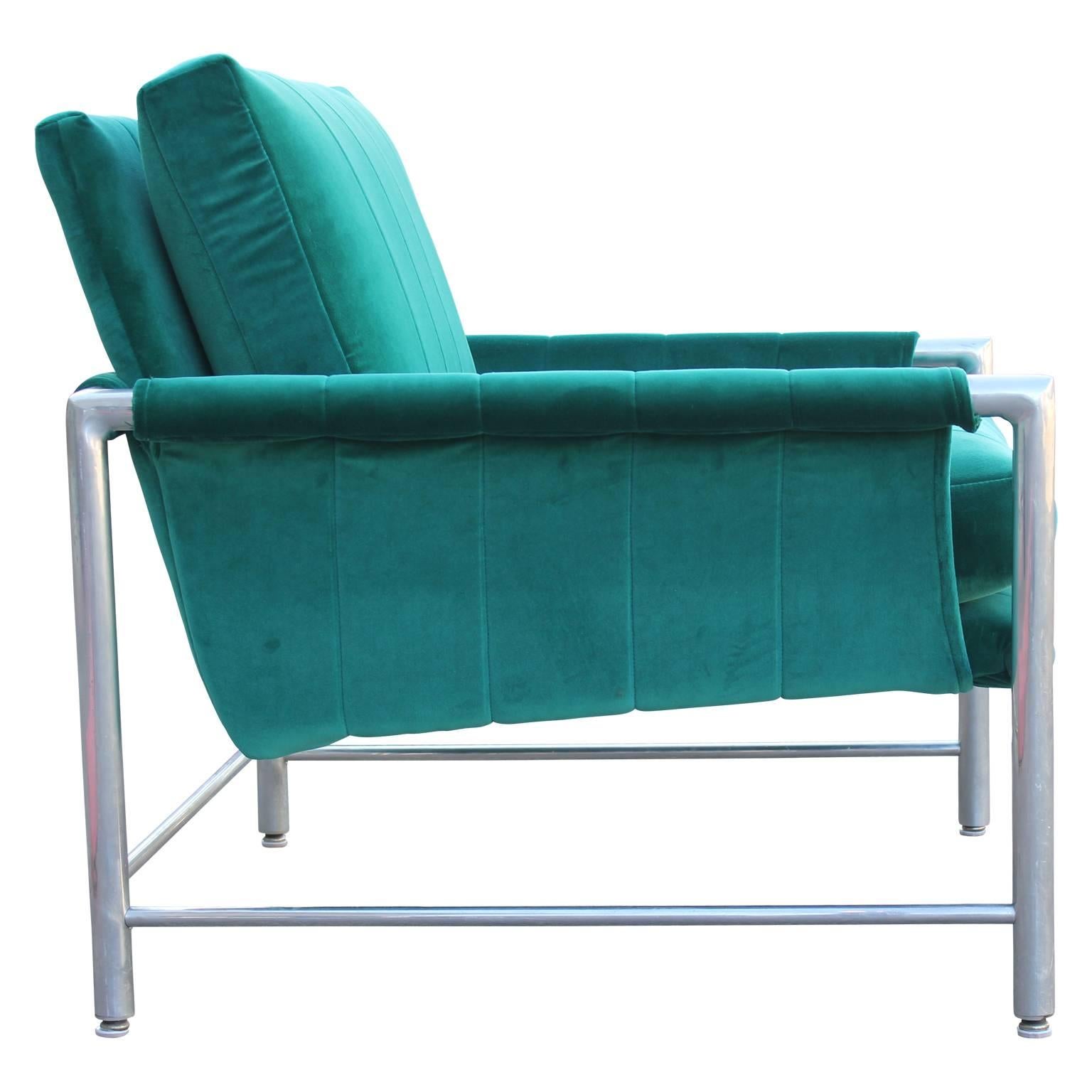 Modern Milo Baughman Style Aluminum Turquoise Teal Velvet Lounge Chair 1