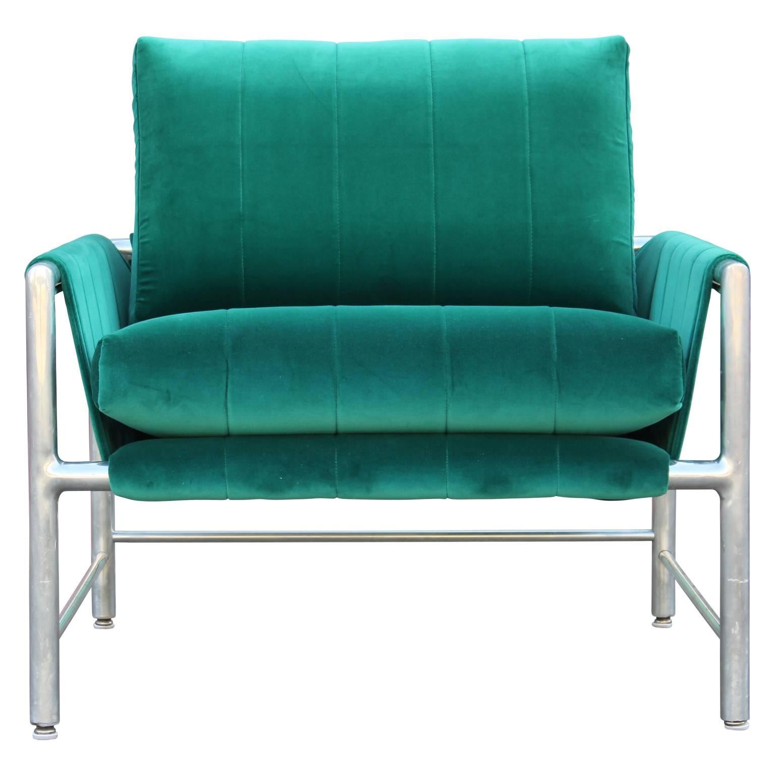 Stunning Milo Baughman style aluminum lounge chair freshly upholstered in a lush turquoise teal velvet.