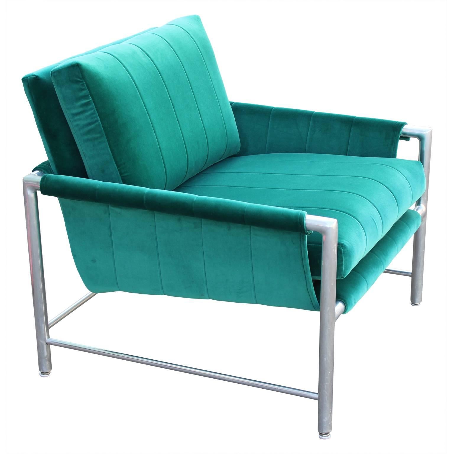 Mid-20th Century Modern Milo Baughman Style Aluminum Turquoise Teal Velvet Lounge Chair