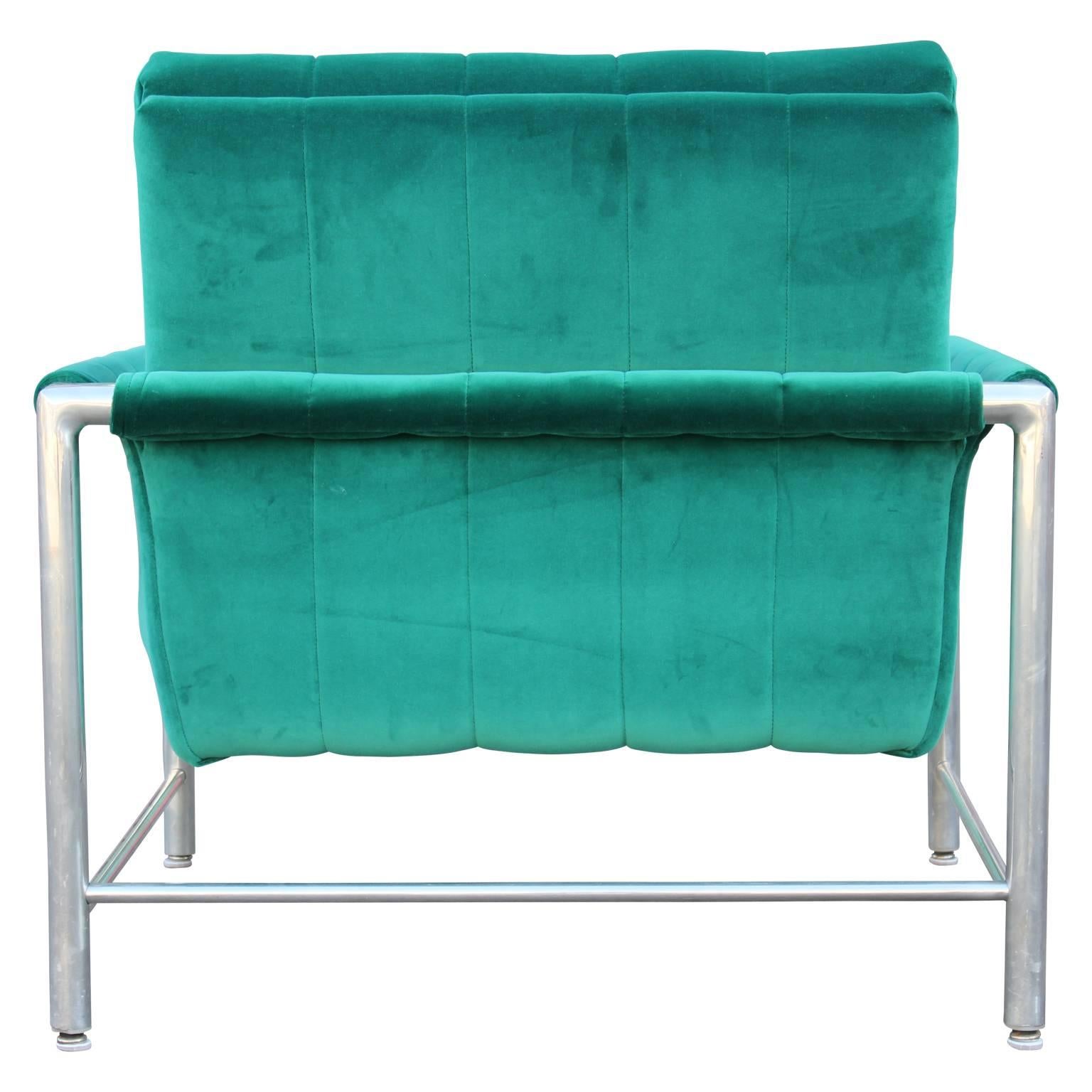 Modern Milo Baughman Style Aluminum Turquoise Teal Velvet Lounge Chair 2