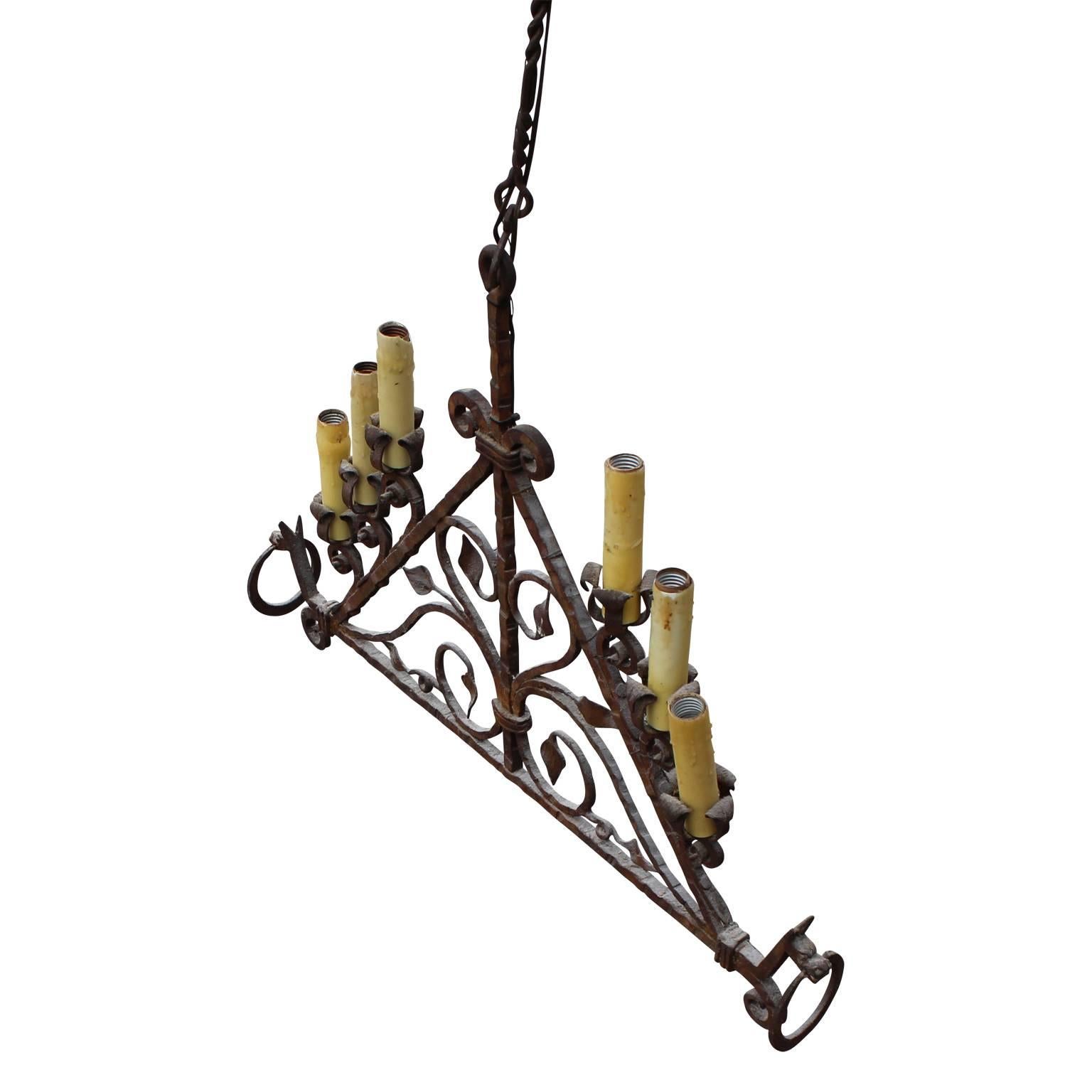 Gorgeous 19th century wrought iron horse hanging chandelier or candelabra with six sockets. 

Total height with cord: 58 inches.