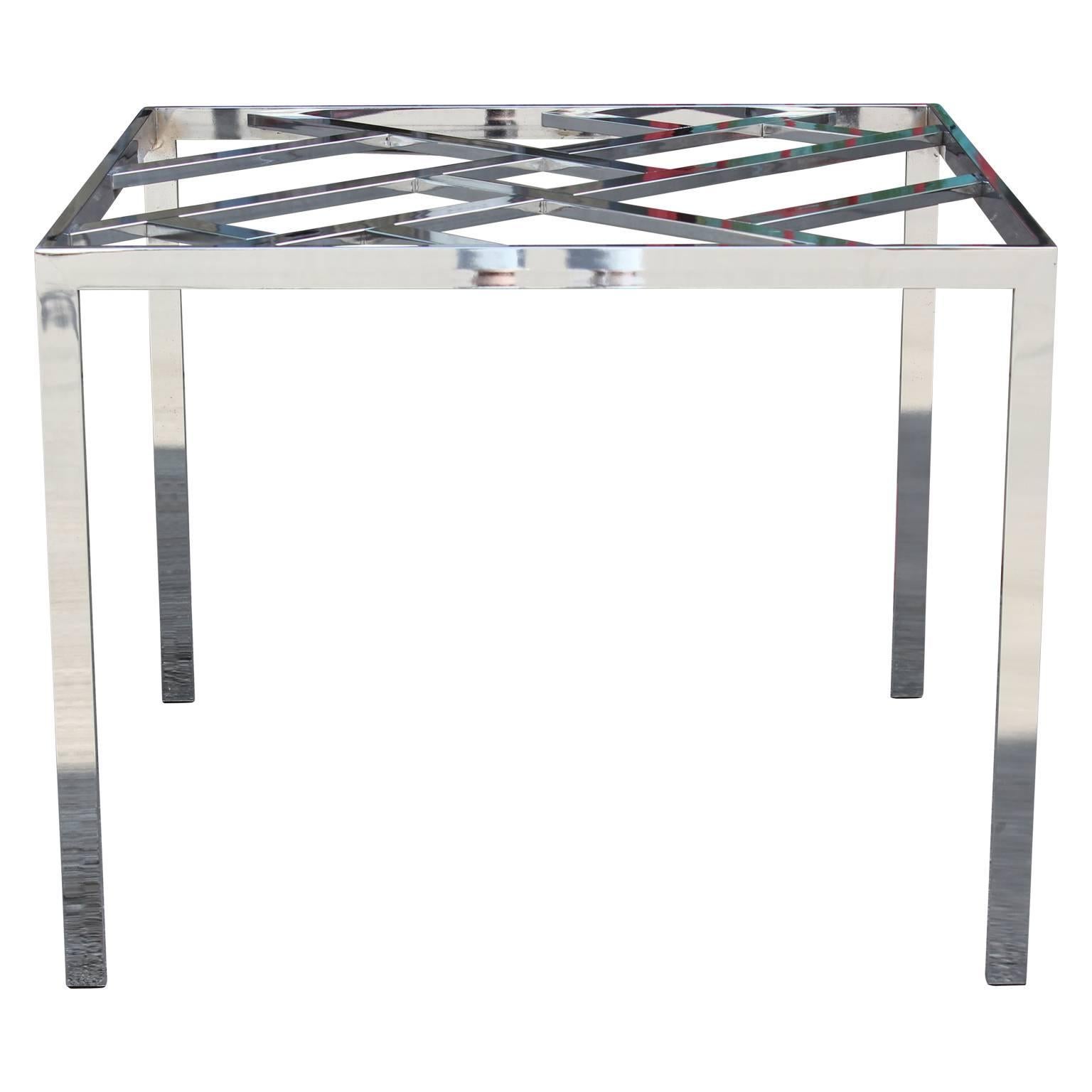 Beautiful square chrome dining table Milo Baughman. Can also be used as a kitchen or card table. We do not have the glass top but we can acquire one if interested.
