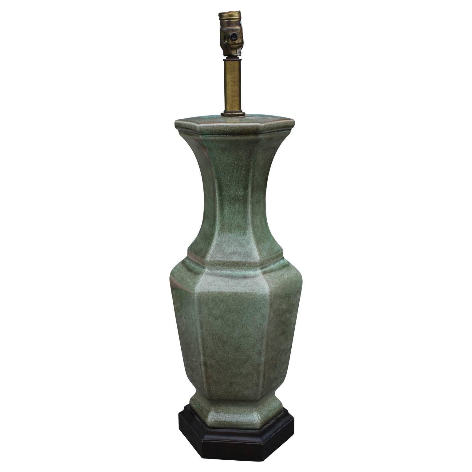 Pair of Frederick Cooper green glazed ceramic vase table lamps. Originally made in Chicago, IL. 