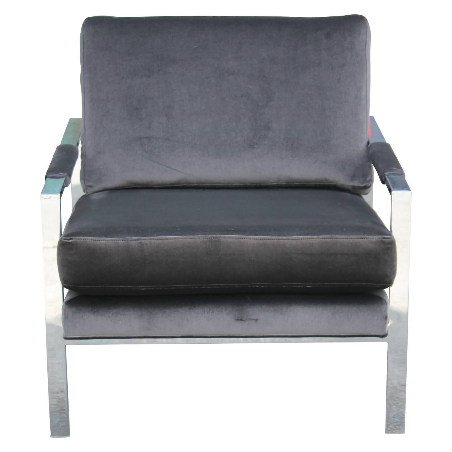Mid-Century Modern Modern Chrome and Dark Grey Velvet Milo Baughman Lounge Chair