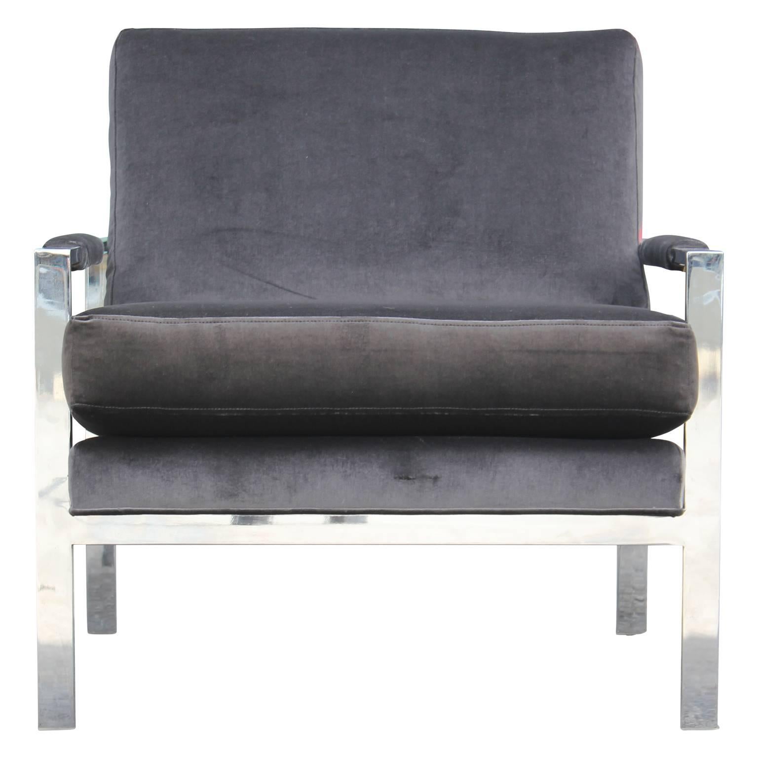 Modern chrome Milo Baughman lounge chair freshly and expertly upholstered in a deep grey velvet.  Perfect for any modern or mid-mod home as an accent or side chair. 