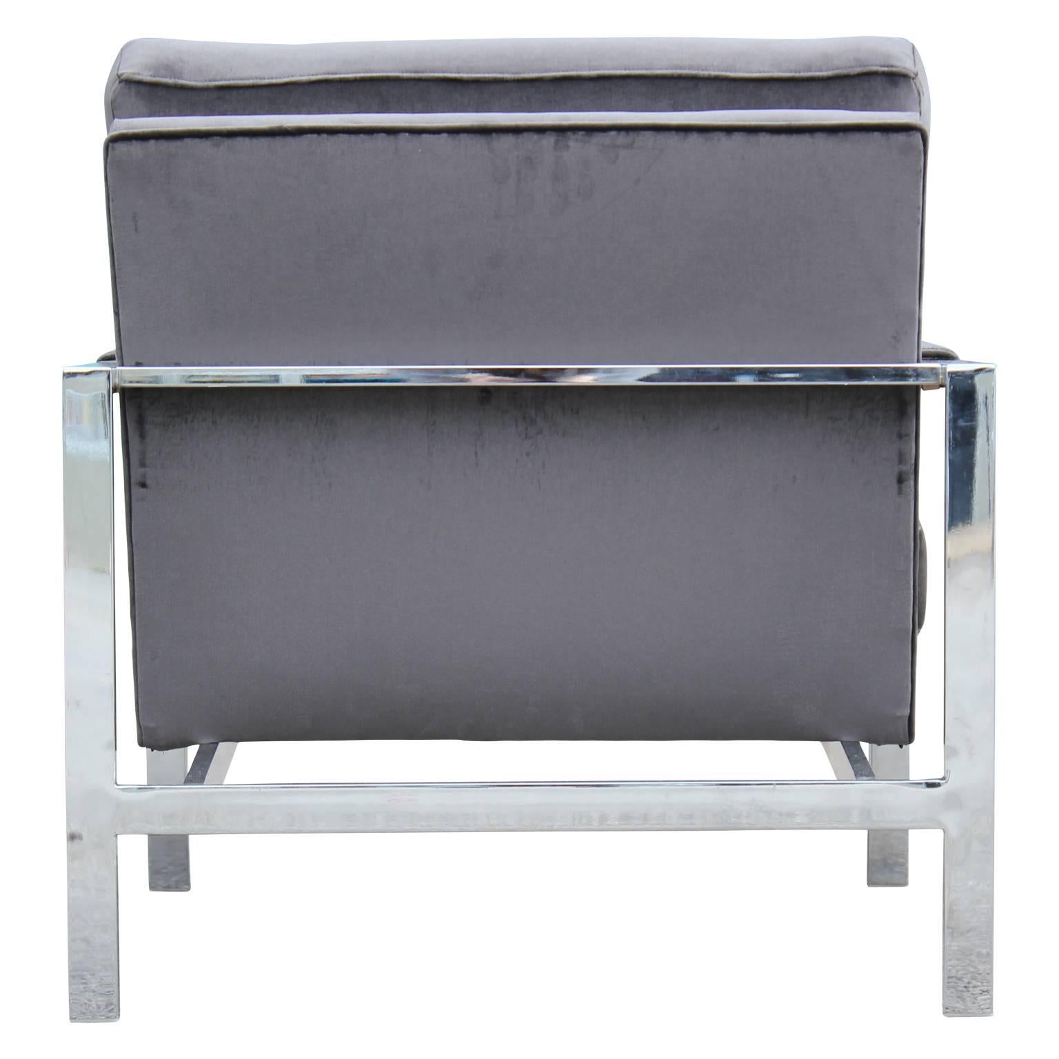 Modern Chrome and Dark Grey Velvet Milo Baughman Lounge Chair 1