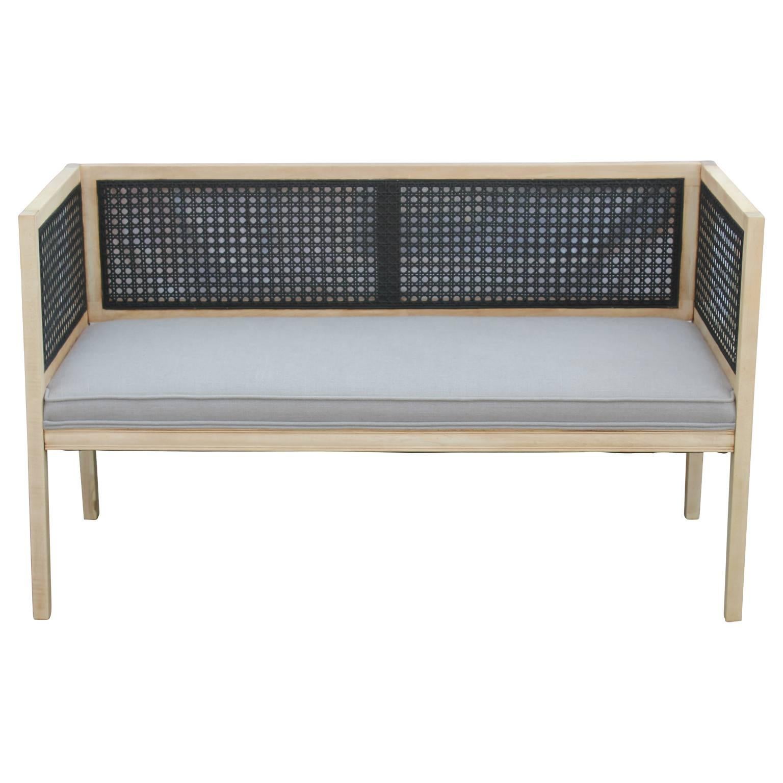 Mid-Century Modern Modern Cane and Bleached Wood Settee or Love Seat in a Light Grey Woven