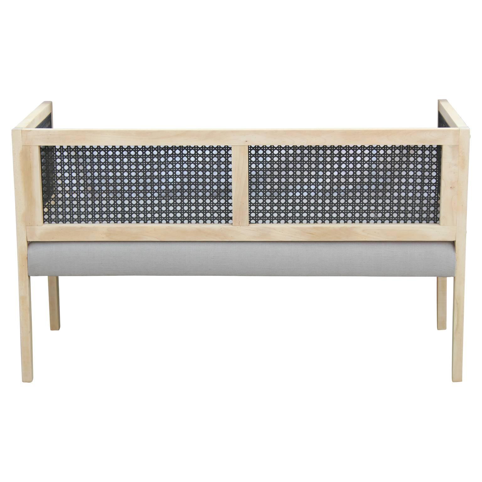 Modern Cane and Bleached Wood Settee or Love Seat in a Light Grey Woven 2
